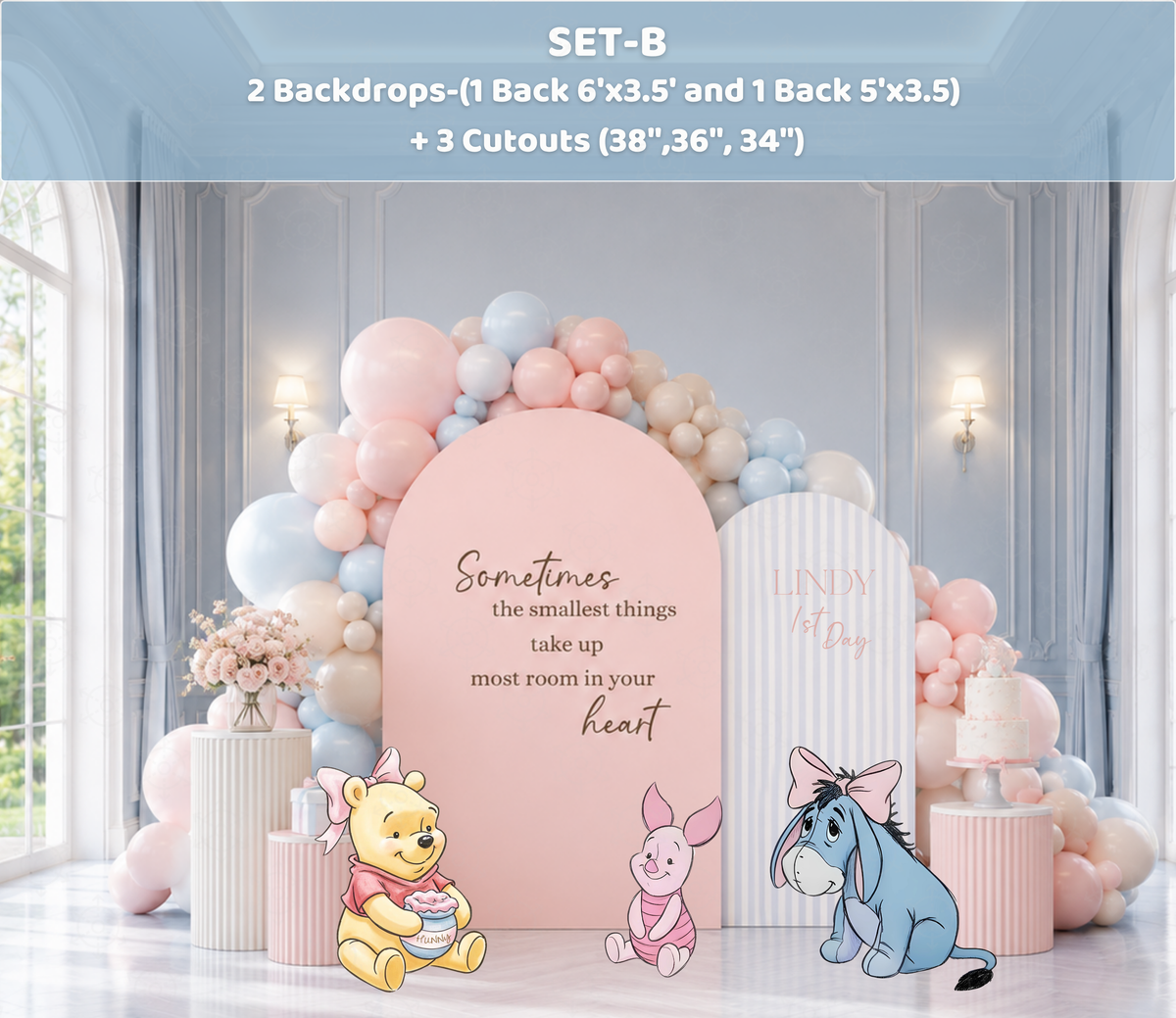 Honey Bear baby shower backdrop display with pastel panels, character cutouts and elegant indoor styling.