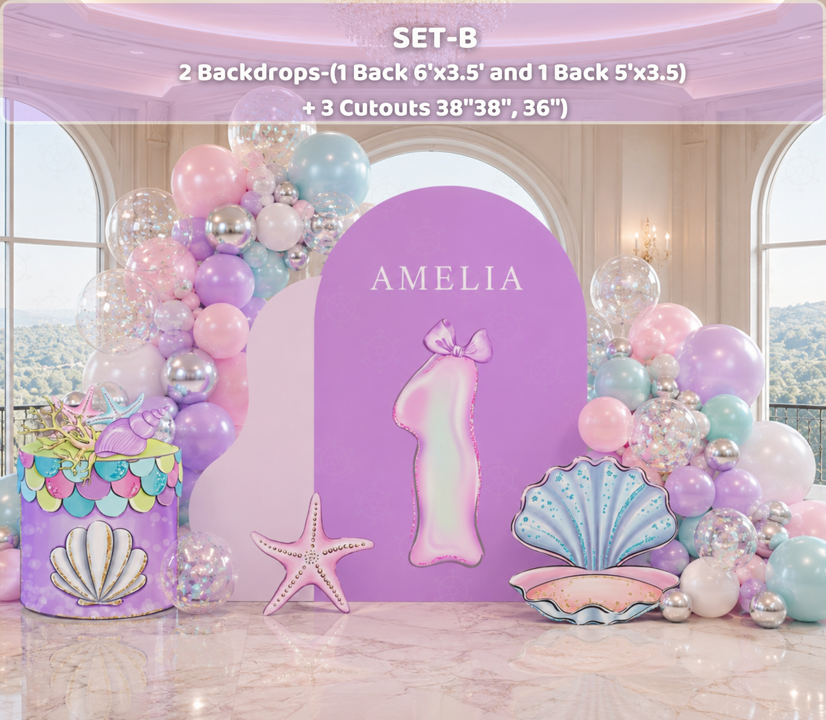 Lavender mermaid birthday backdrop with sea life cutouts, balloon garland and personalized under the sea party styling.