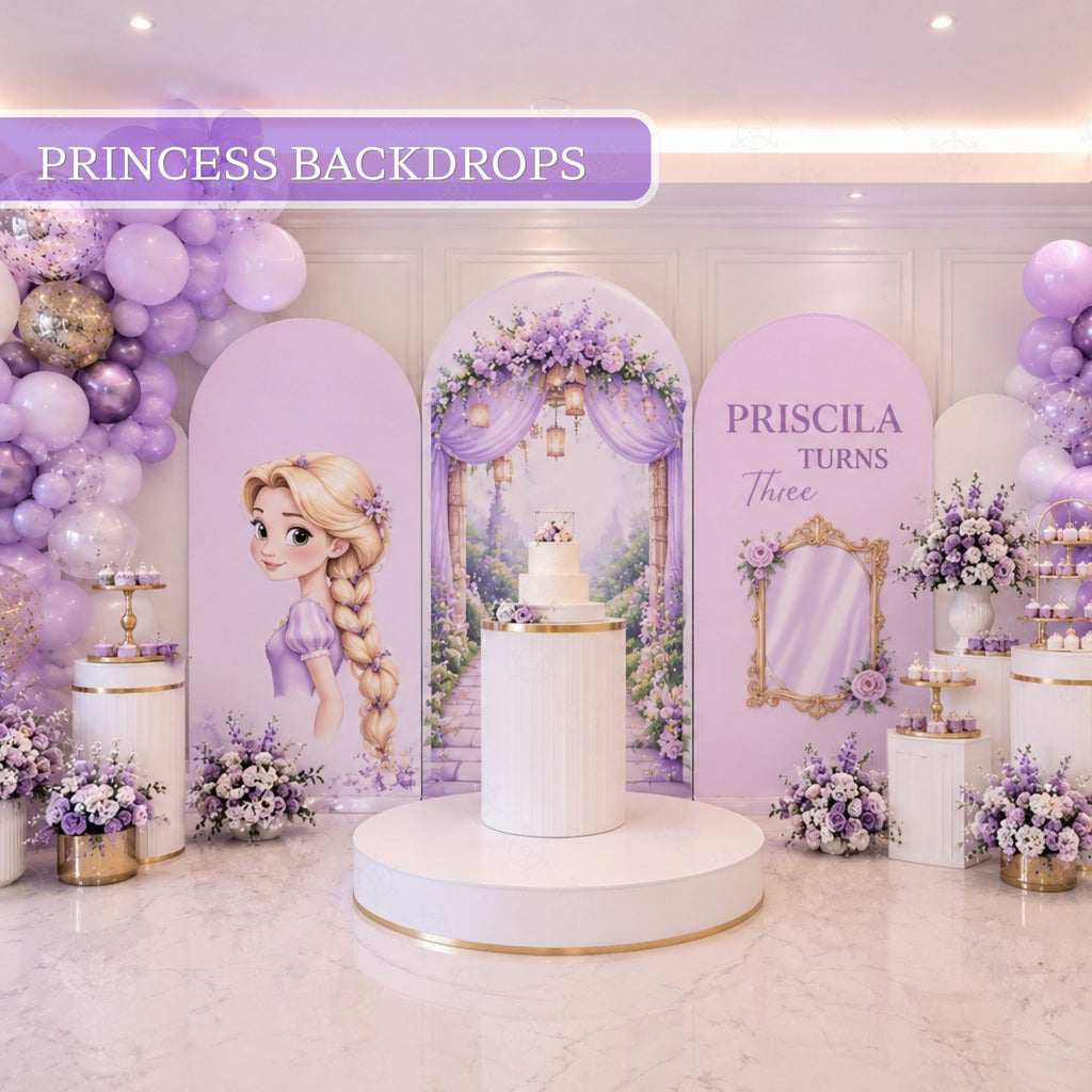 Personalized long hair princess birthday backdrop with lavender arch panels, pastel balloon garlands, floral accents and princess cutouts for an elegant girls party.
