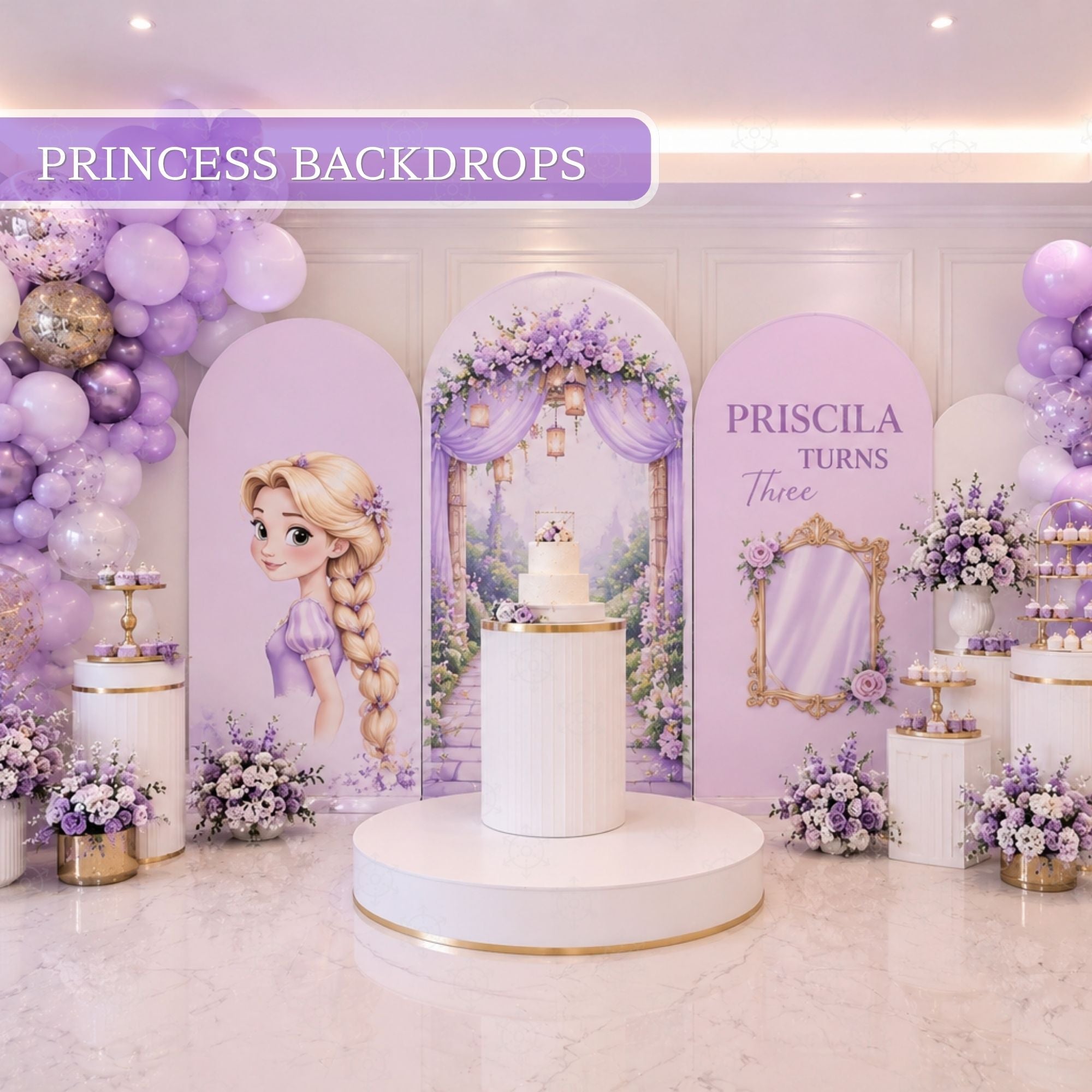 Personalized long hair princess birthday backdrop with lavender arch panels, pastel balloon garlands, floral accents and princess cutouts for an elegant girls party.