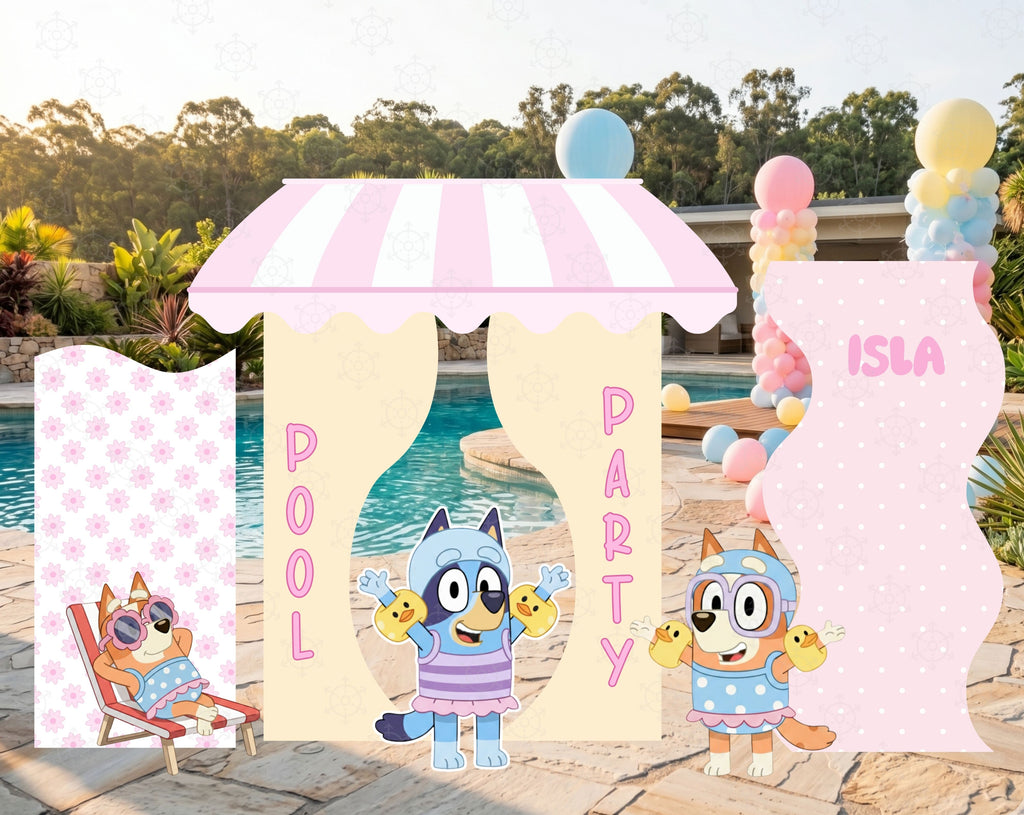 Summer kids birthday backdrop with pastel poolside panels, blue puppy character cutouts and soft pink, yellow and blue party decor.