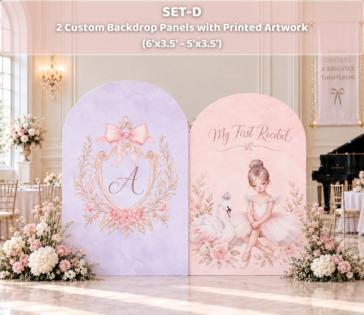 Personalized ballet birthday setup with soft pink and ivory backdrop panels, ballerina cutouts and floral party decor.