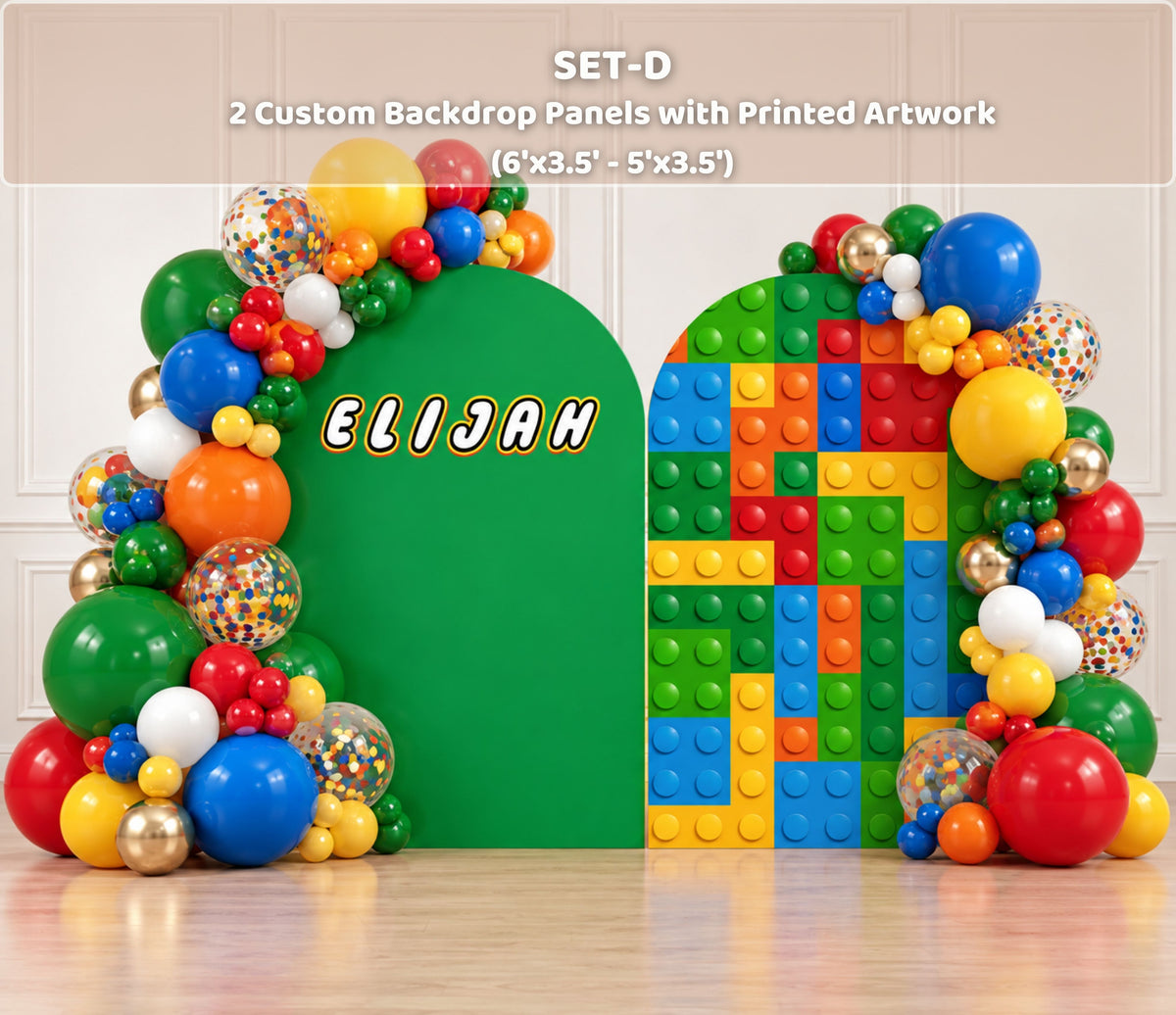 Green building block birthday backdrop with colorful balloons, brick inspired styling and personalized party decorations.