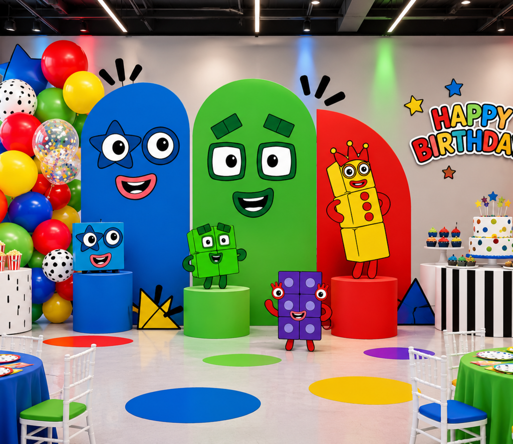 Numberblocks kids birthday display with blue and green character backdrops, colorful balloons and playful party decorations.