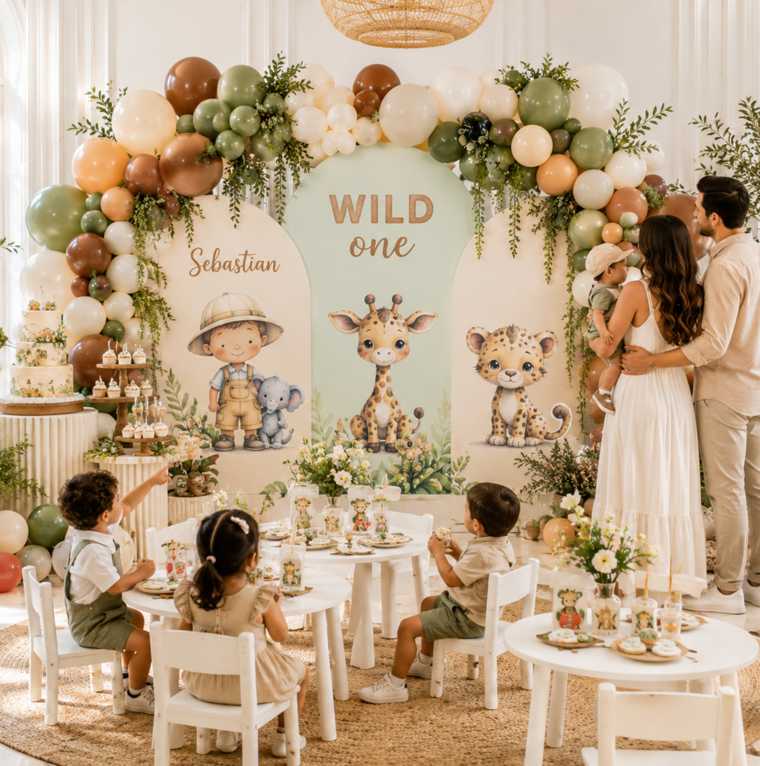 Neutral safari party decorations with balloon garland, layered arches and baby jungle animal cutouts for a Wild One birthday celebration.