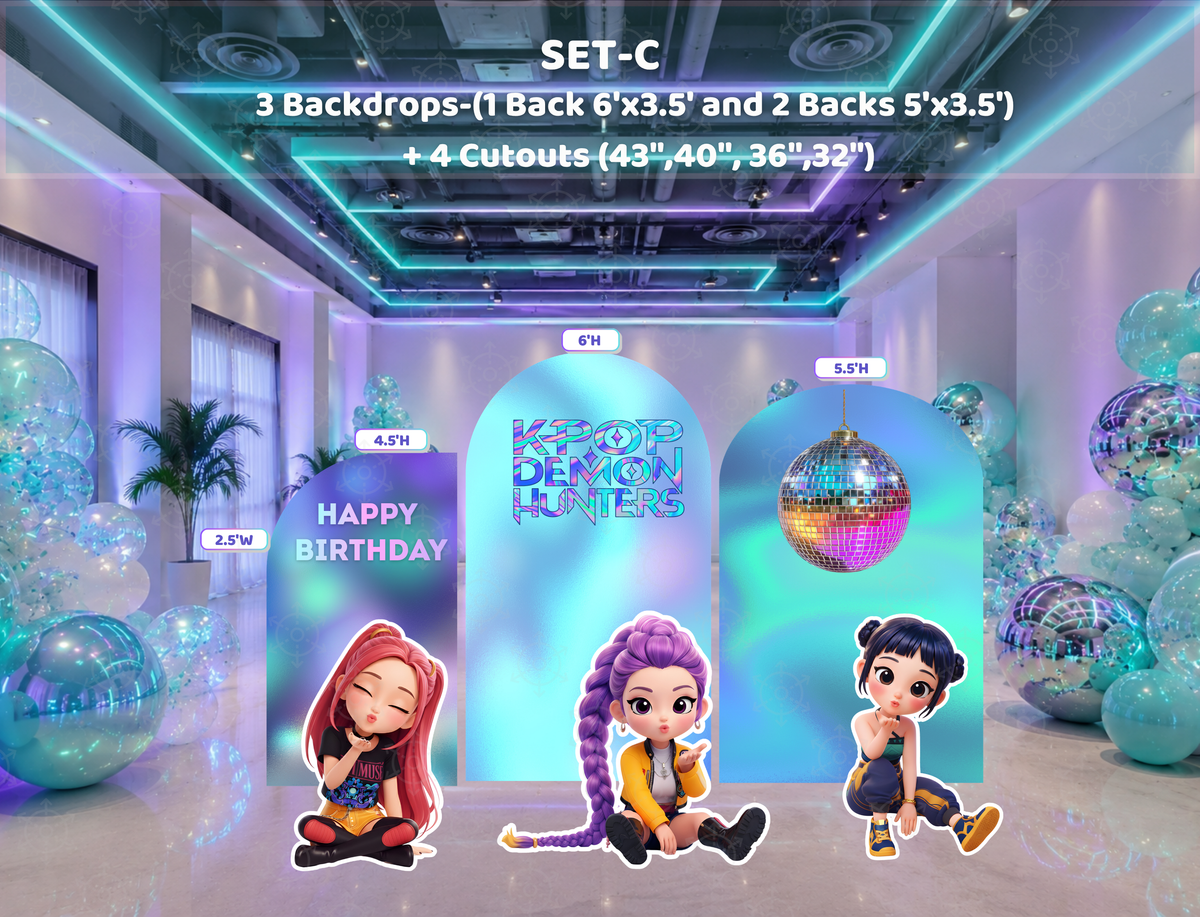 Modern concert stage birthday backdrop with chibi performer cutouts, neon ceiling lights and personalized music party decorations.