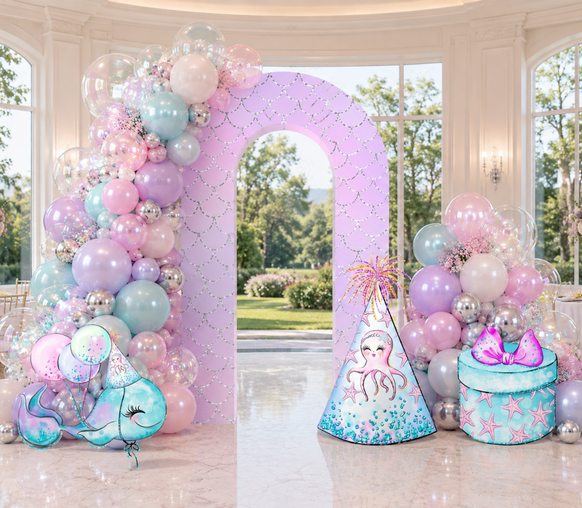 Pastel mermaid party backdrop with shell shaped panel, pink blue balloons and ocean inspired birthday decorations.