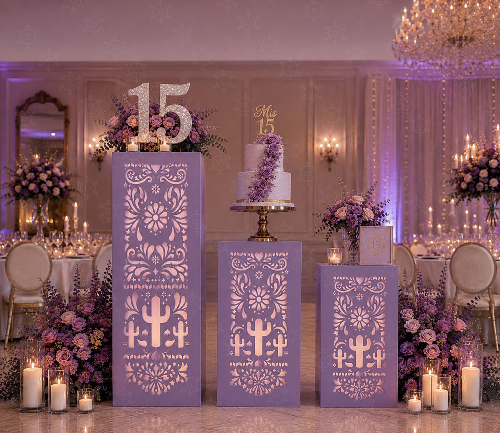 Purple Papel Picado backdrop and matching pedestal set for a personalized quinceañera celebration