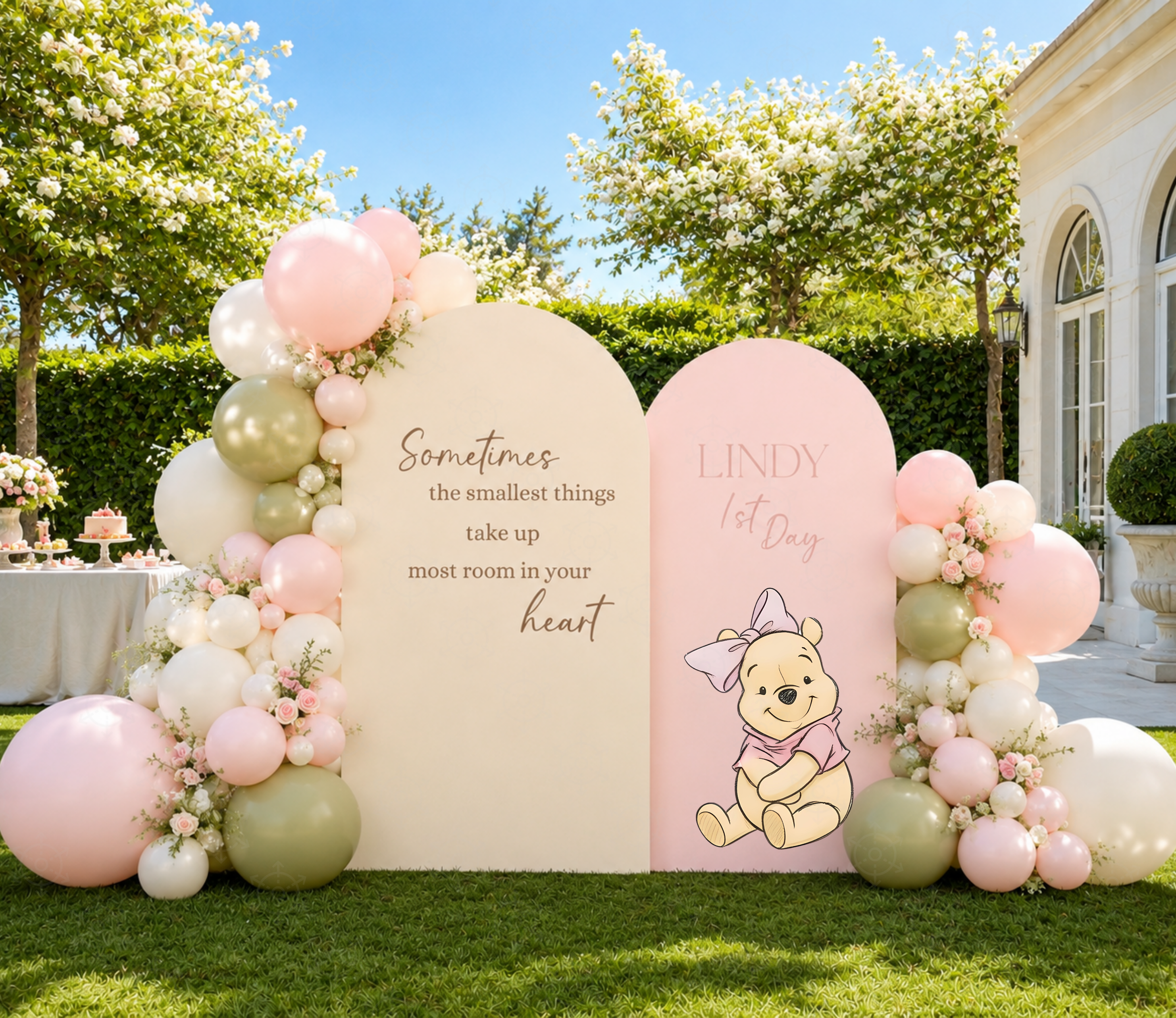 Pastel Honey Bear party backdrop and cutouts styled outdoors with pink and blue balloon decorations.