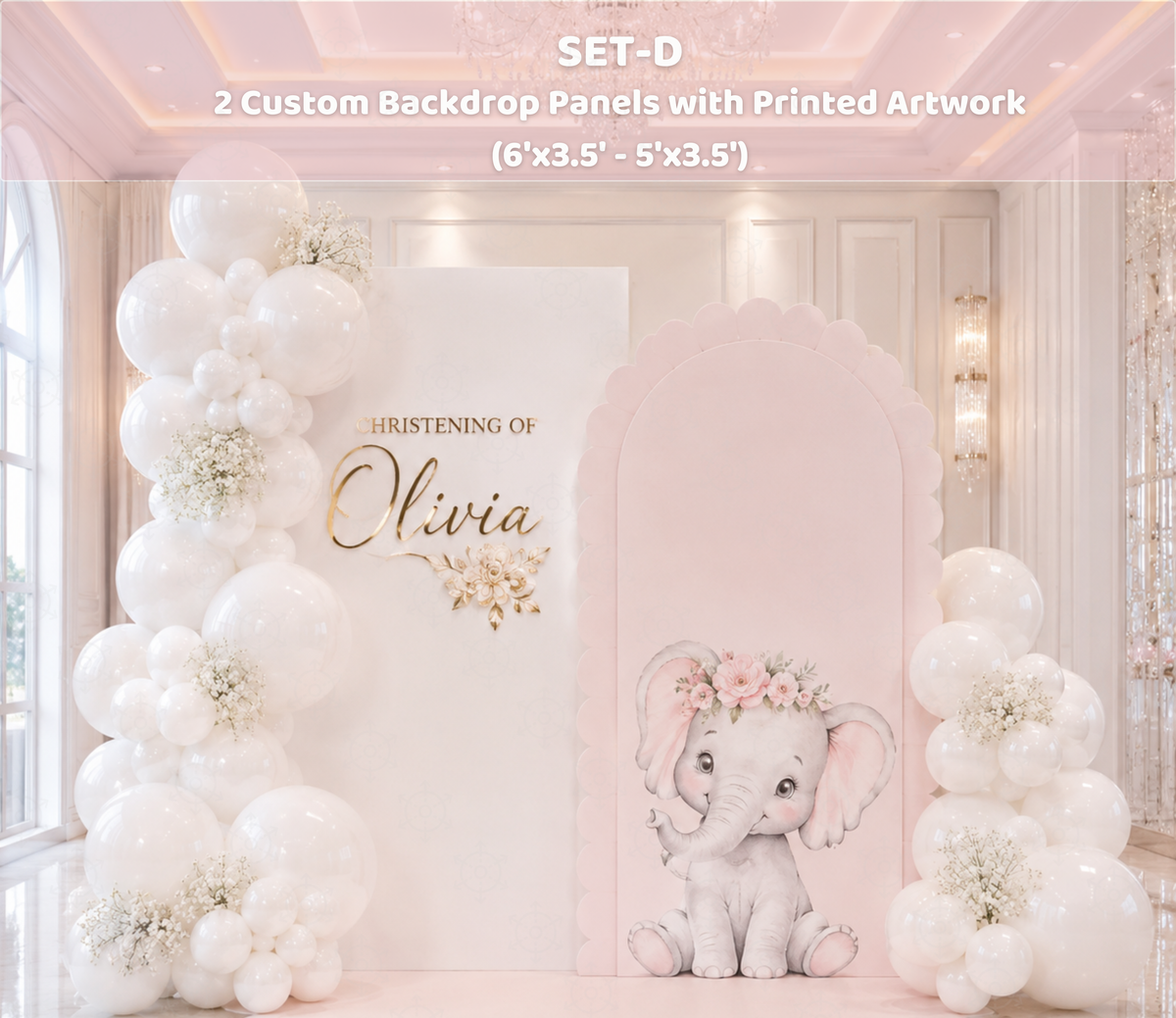 Pink baby elephant backdrop and matching cutouts styled for an elegant indoor baby shower celebration.