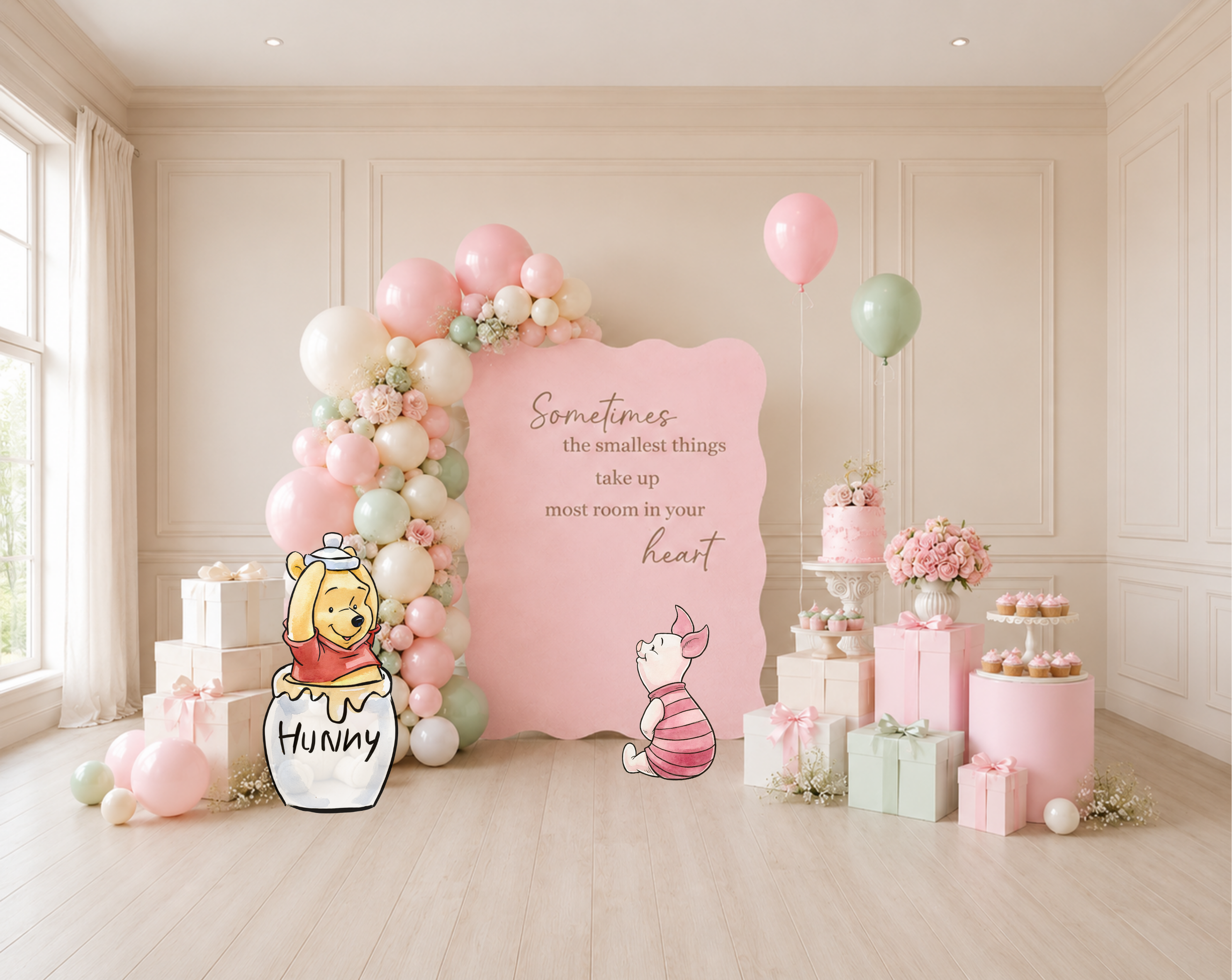 Pink classic bear baby shower backdrop with pastel balloon garland, whimsical character details and personalized party styling.