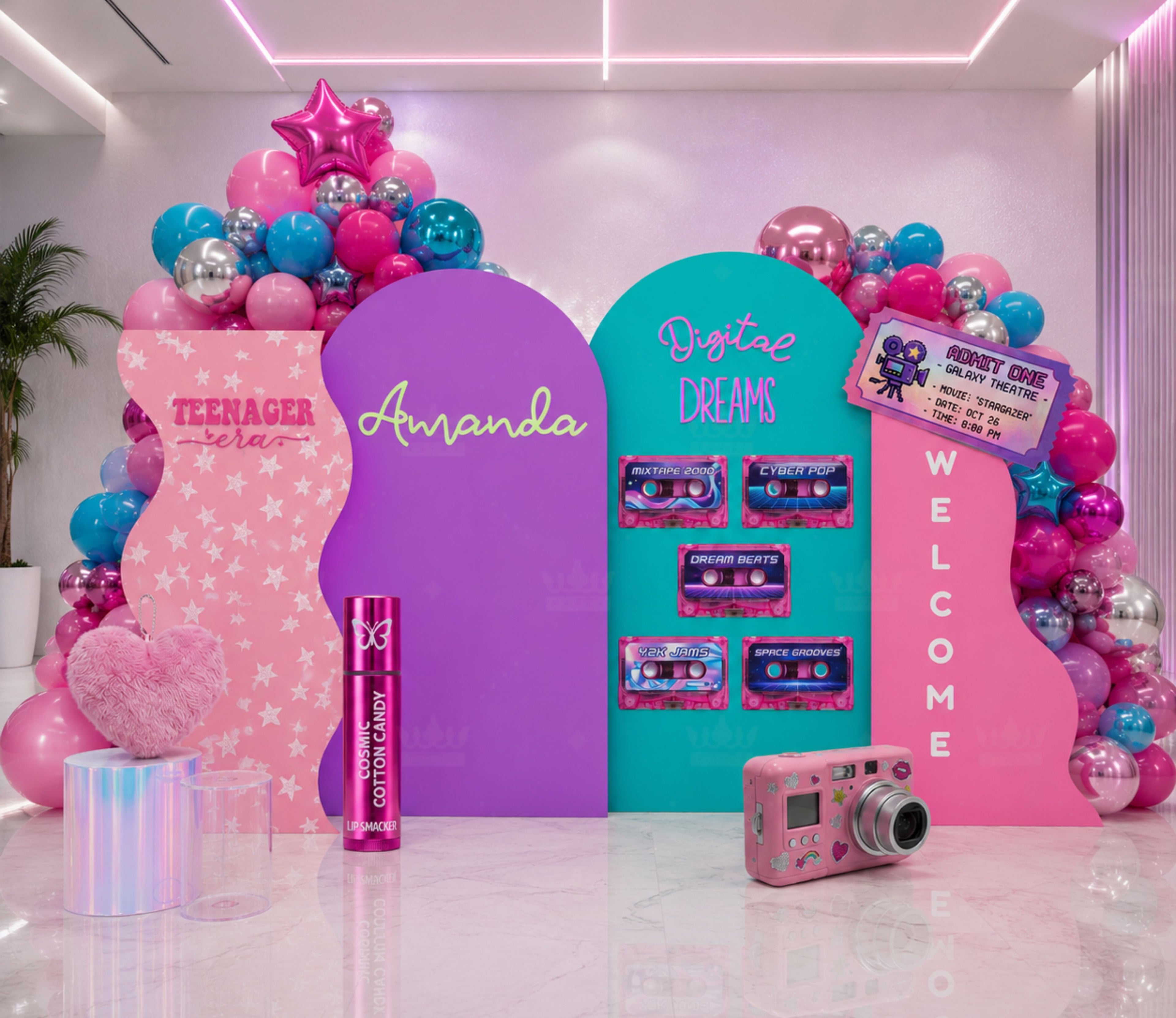 Pink teen birthday photo booth backdrop with bright balloon accents, personalized party message and modern girls celebration decor.
