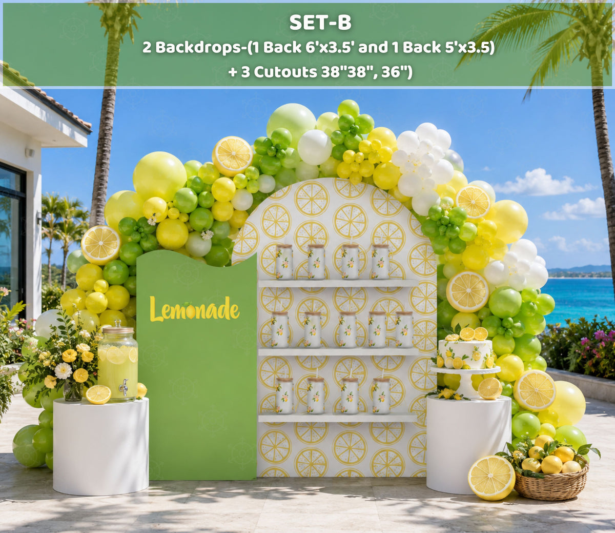 Green and white lemon party backdrop with yellow balloons and citrus birthday decorations