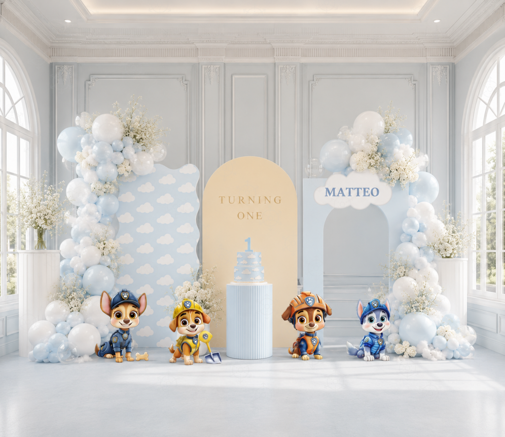 Outdoor puppy rescue birthday party setup with themed backdrop and matching character cutouts