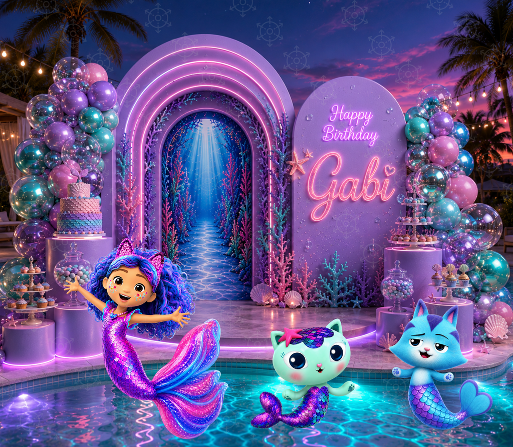 Underwater Gabby's Dollhouse mermaid backdrop with rainbow arch, character cutouts and vibrant ocean decor