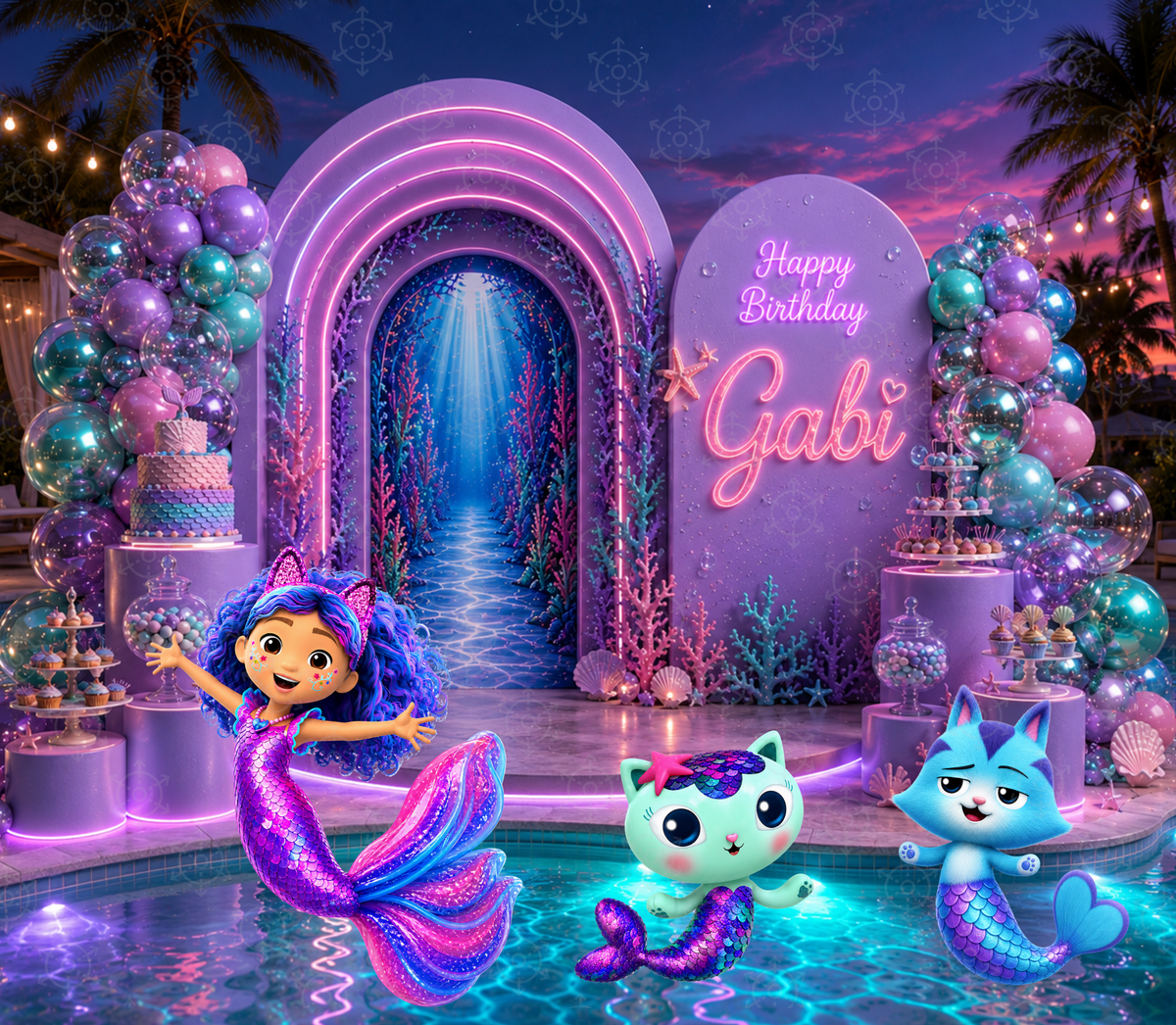 Underwater Gabby's Dollhouse mermaid backdrop with rainbow arch, character cutouts and vibrant ocean decor
