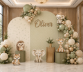 Pastel little animal friends party backdrop with pink balloons, woodland cutouts and soft neutral panels