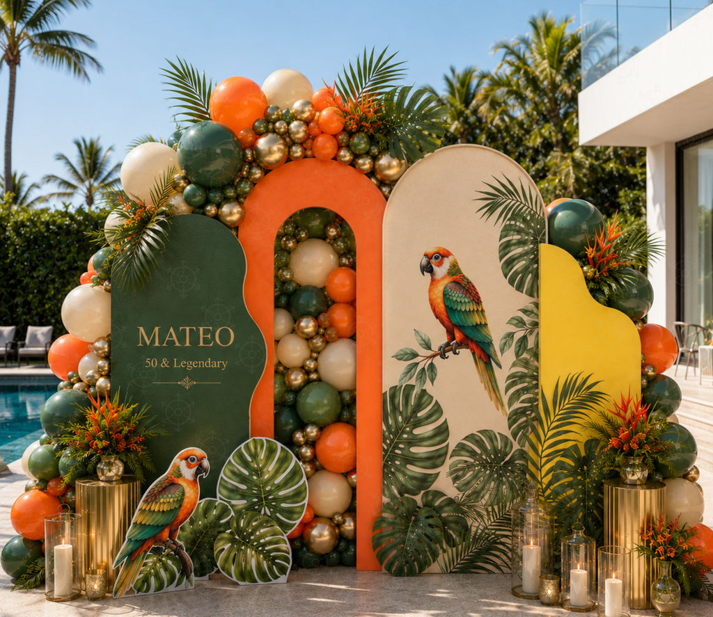 Colorful tropical parrot backdrop set with orange, green and neutral panels for birthday party decor