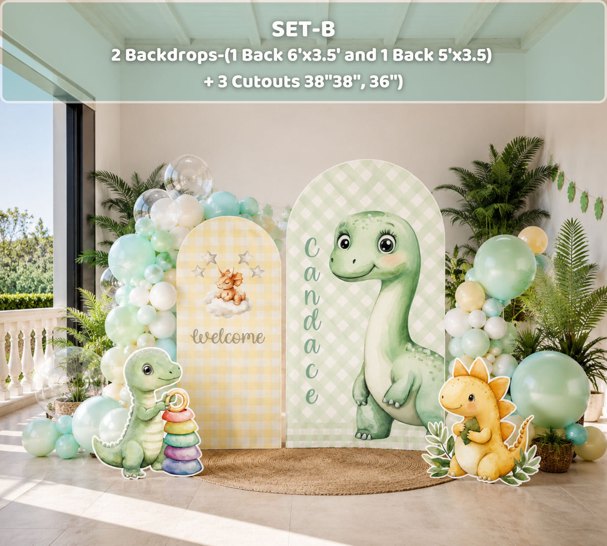 Blue baby dinosaur birthday backdrop with balloon garland, egg and dino details and whimsical party decorations for a first birthday.