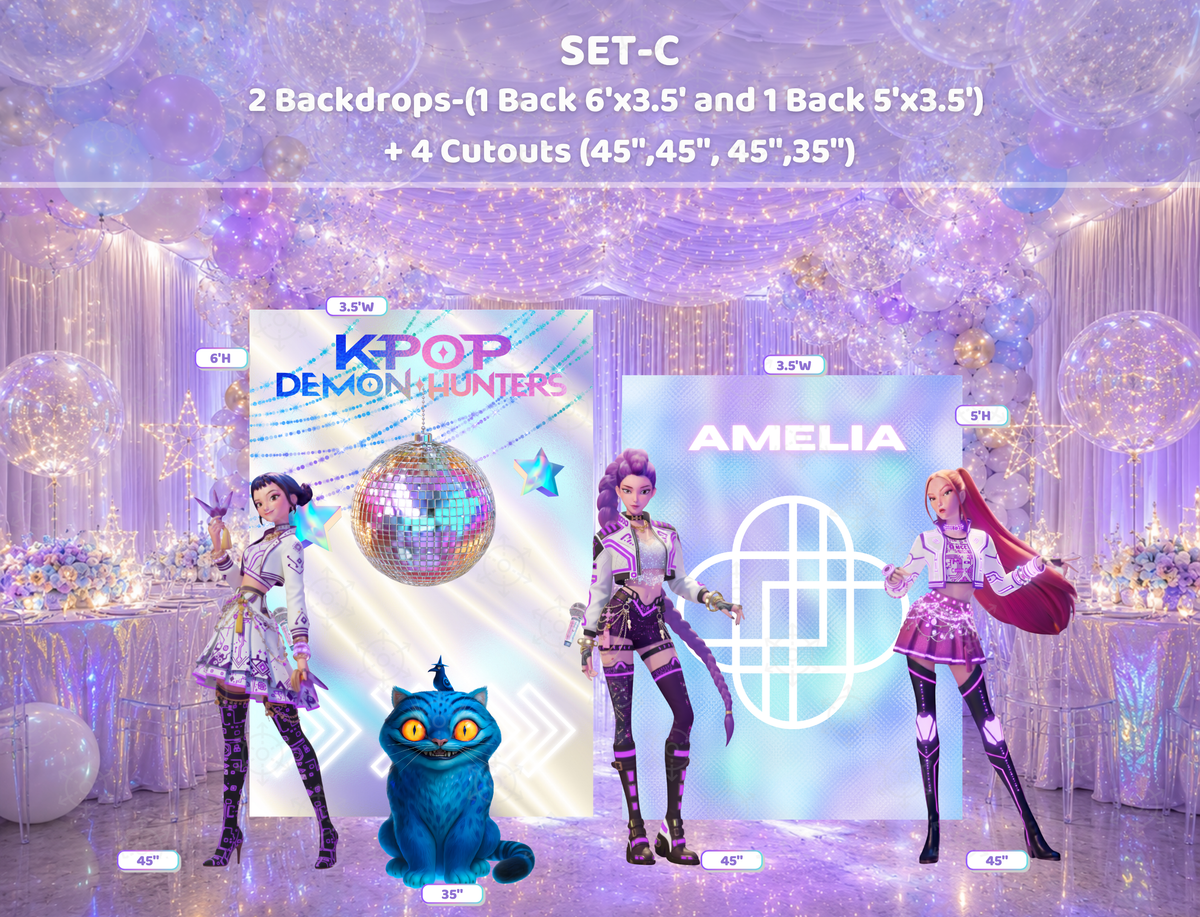 Teen idol birthday party display with glowing purple backdrop, large standee cutouts and concert inspired decorations for a personalized celebration.