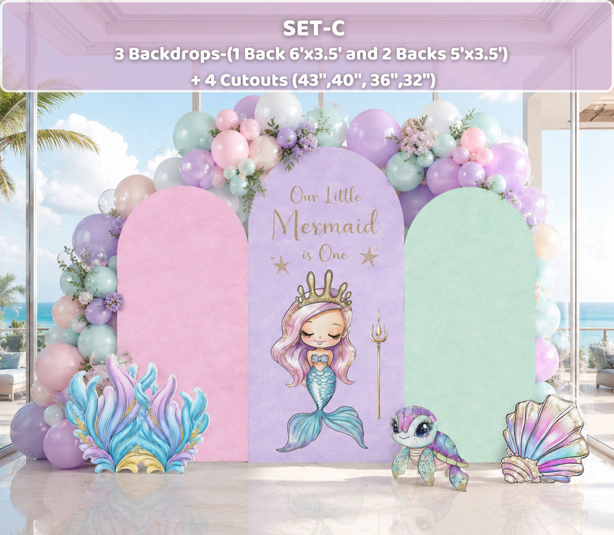Ocean princess party decorations with personalized mermaid backdrop and pastel under the sea cutouts