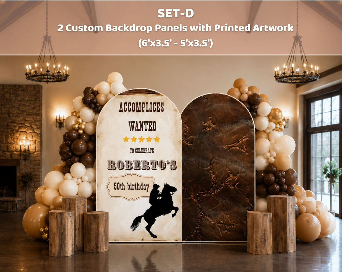 Rustic western party backdrop with personalized signage, cowboy inspired details and matching cutouts for a birthday event.