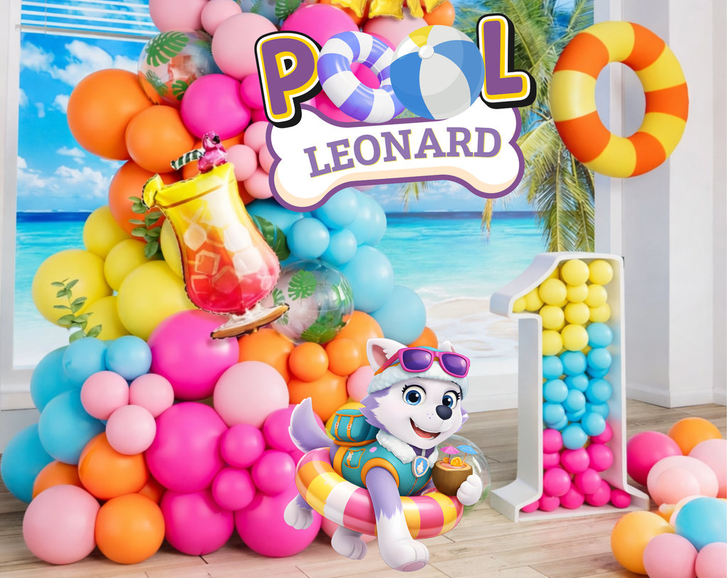 Colorful puppy rescue party backdrop with balloon garland, custom arch panels and personalized kids birthday decorations.
