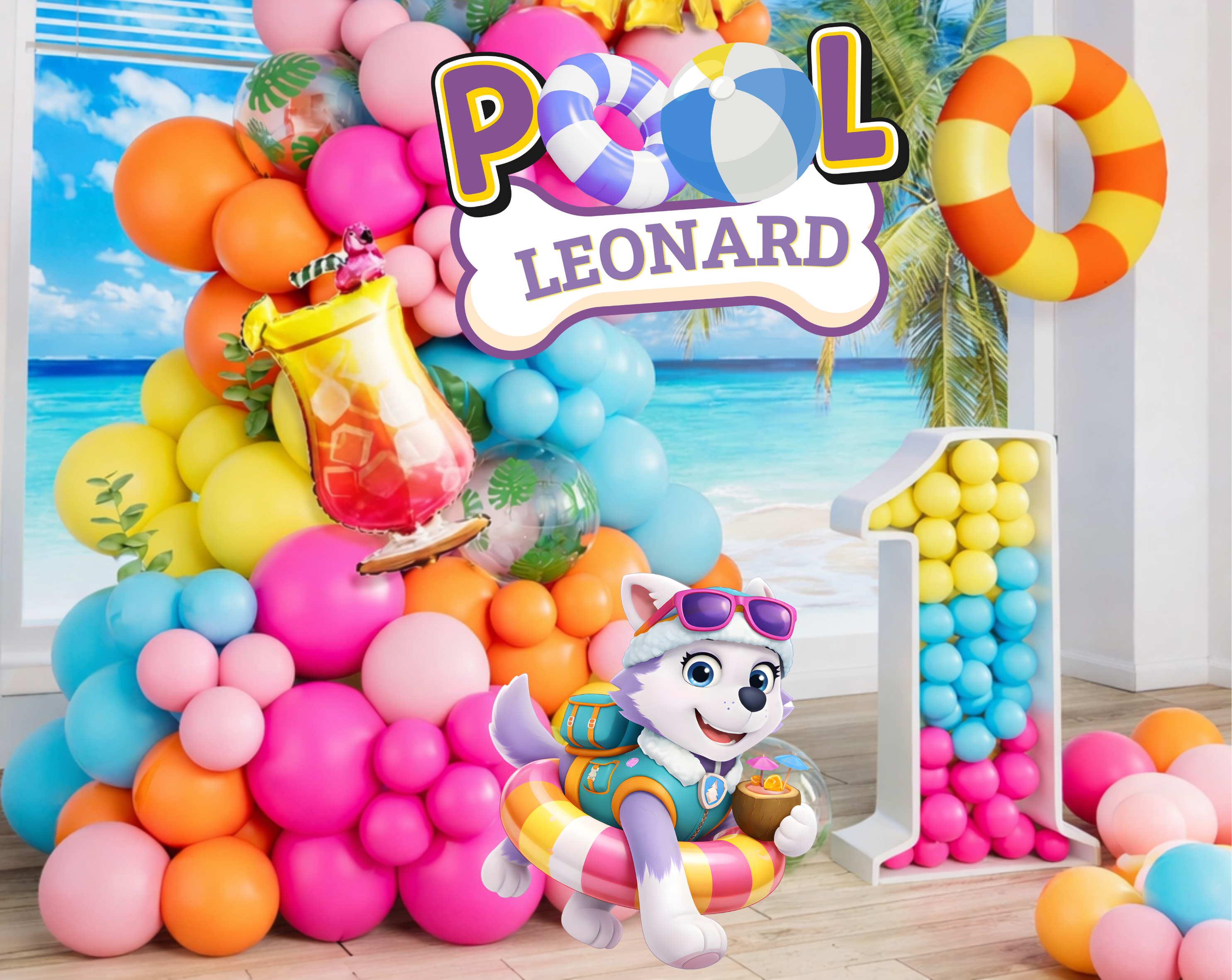 Colorful puppy rescue party backdrop with balloon garland, custom arch panels and personalized kids birthday decorations.
