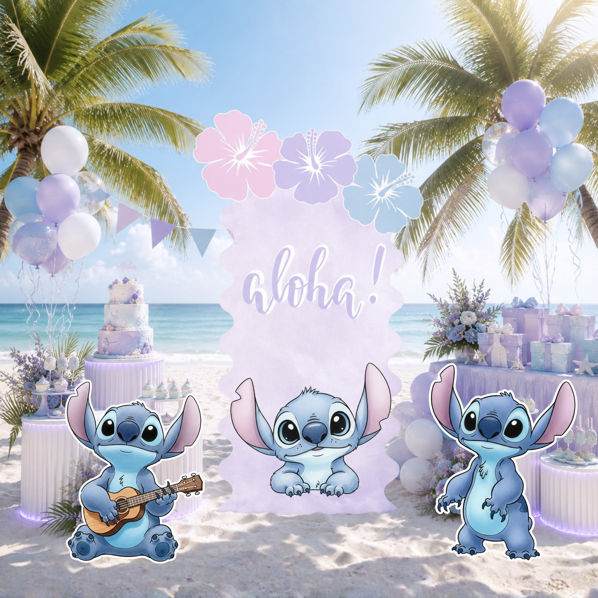 Pastel Blue Alien Beach Birthday Backdrop & Cutouts | Personalized Tropical Kids Party Decorations