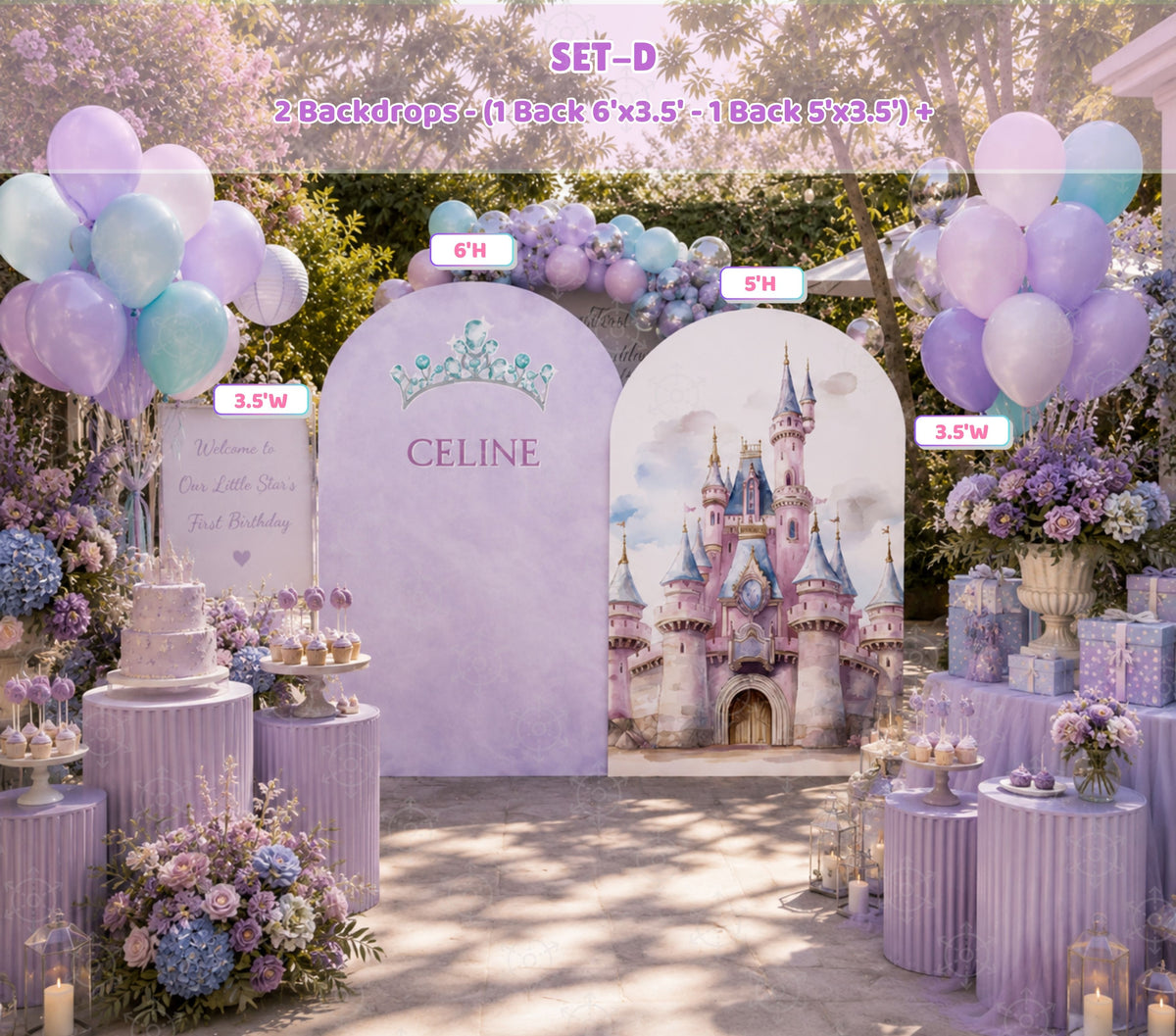 Outdoor princess birthday backdrop with lavender balloon decor, castle-inspired panels and princess character cutouts for a dreamy party display.