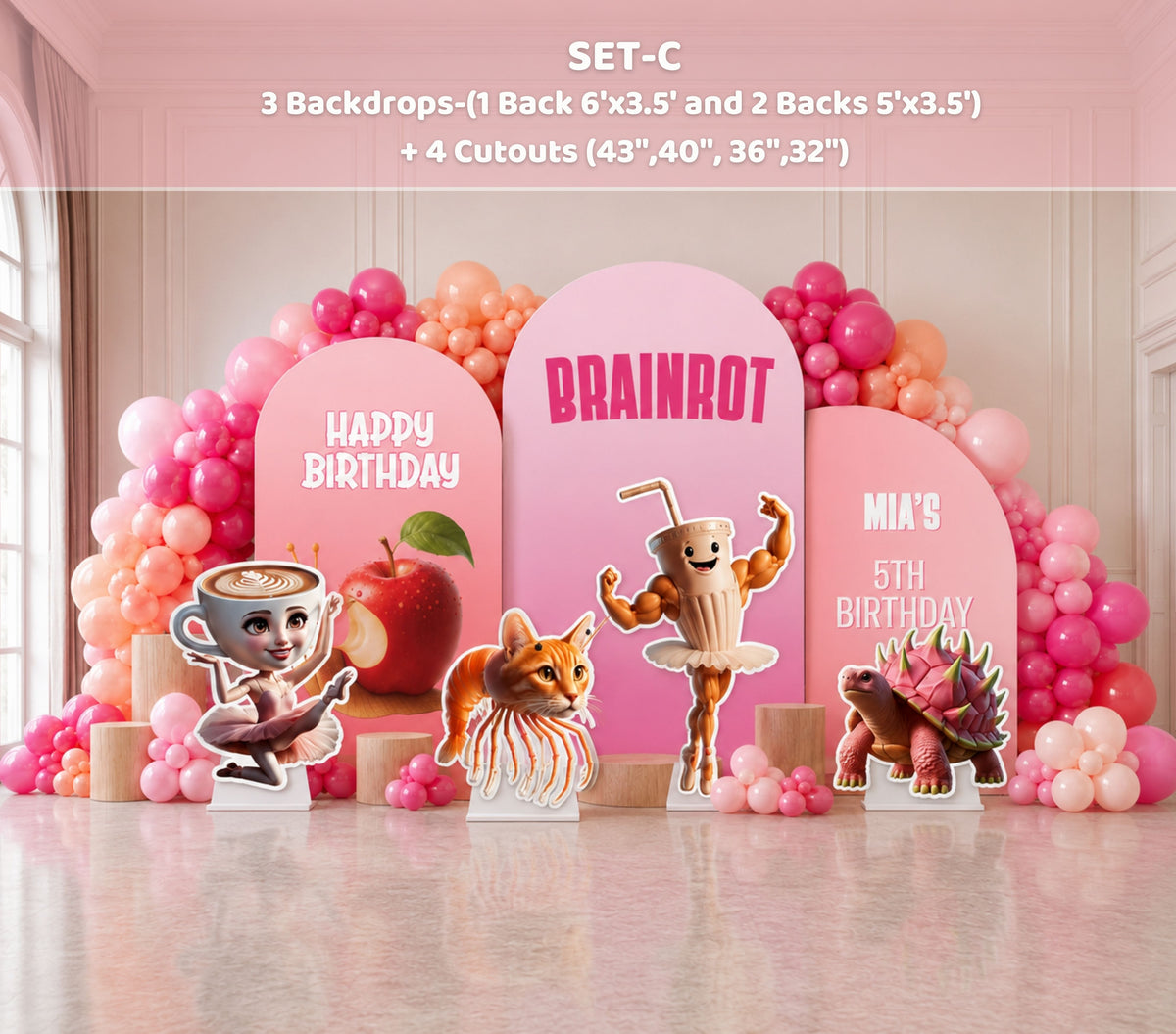 Pink Italian Brainrot birthday backdrop with pastel balloon garland, personalized name and colorful meme-inspired character decorations.