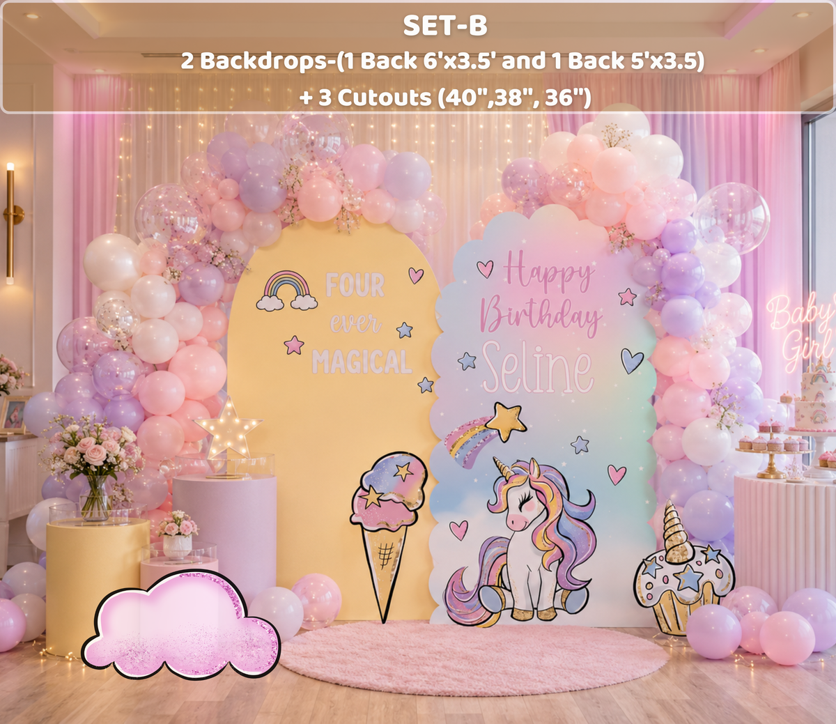 Pastel unicorn birthday display with pink and yellow arch backdrops, balloon clusters and cute unicorn cutouts for a kids celebration.