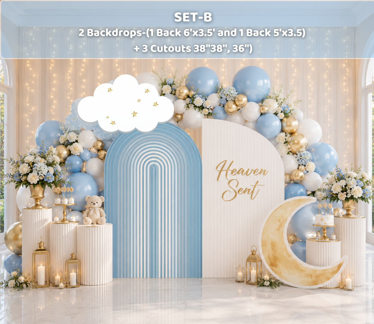 Personalized baby boy backdrop with white and blue balloons, moon and cloud decorations and Heaven Sent celestial theme.
