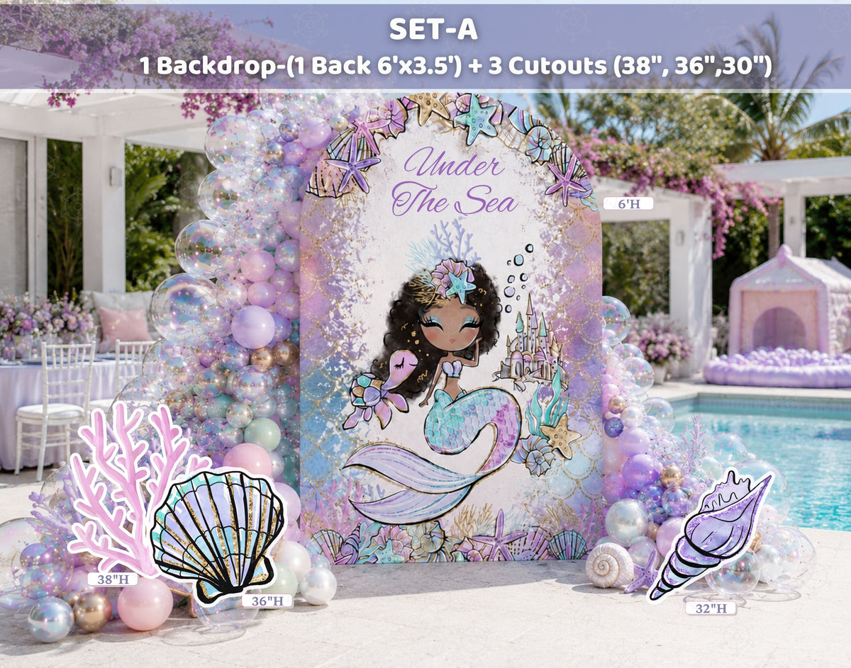 Pastel mermaid party backdrop with lavender and aqua panels, ocean inspired decorations and matching cutouts for a birthday celebration.