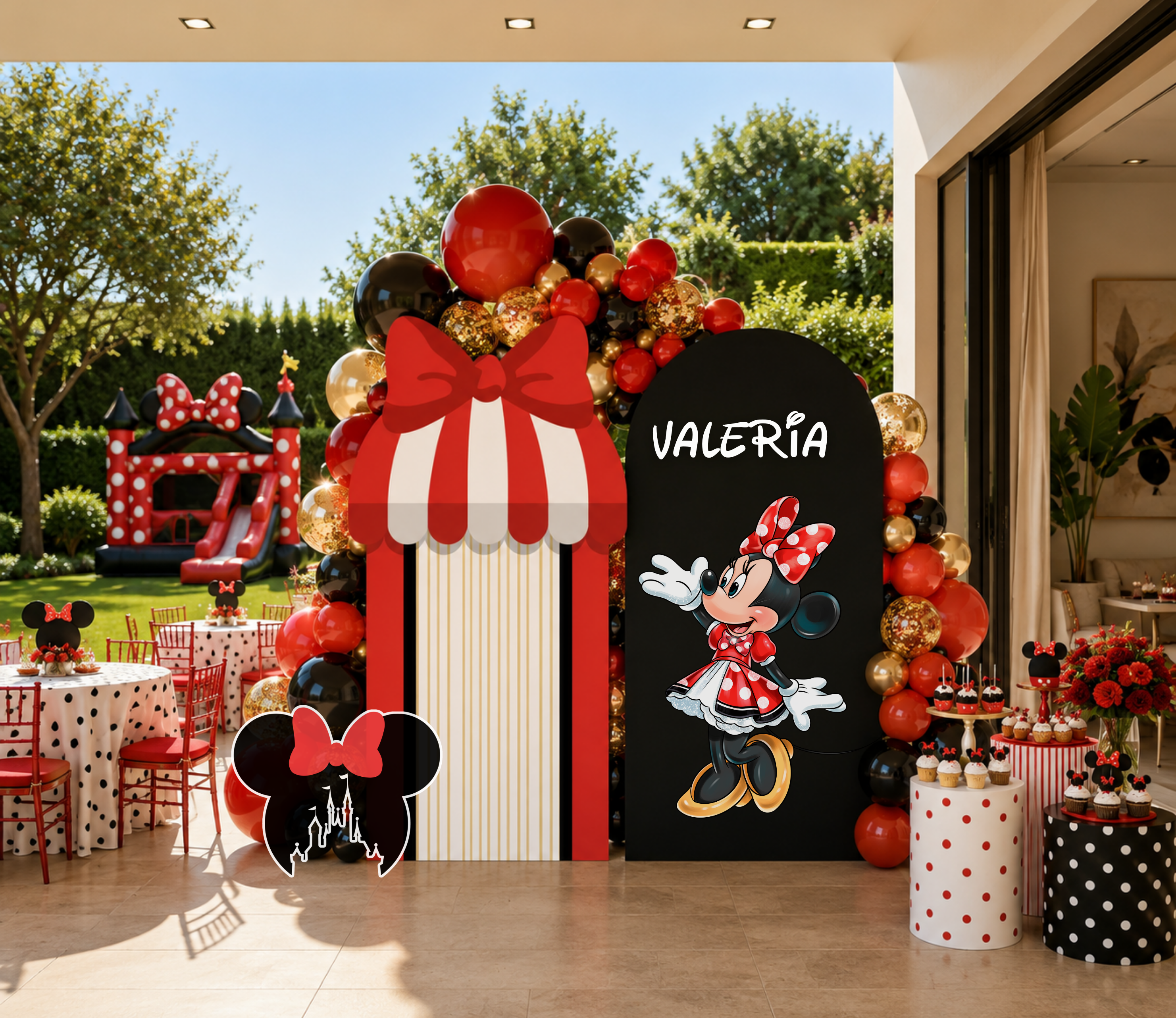 Outdoor classic mouse birthday backdrop with red striped and personalized black panels and character cutouts