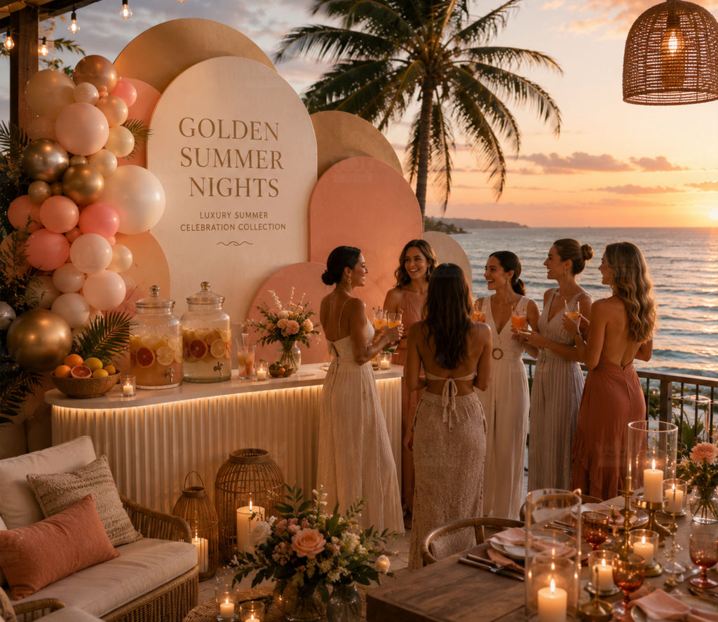 Neutral tropical birthday backdrop with personalized party decor for an elegant summer celebration