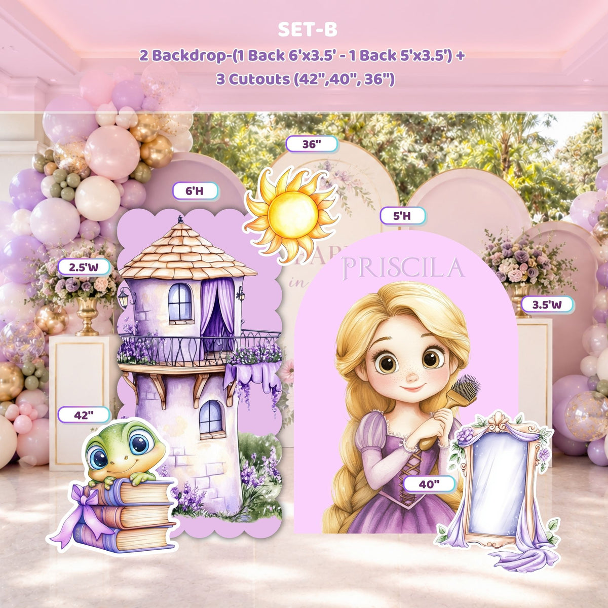 Personalized princess birthday backdrop set with layered pastel panels, tower-inspired details and long hair princess cutouts for a luxury party display.