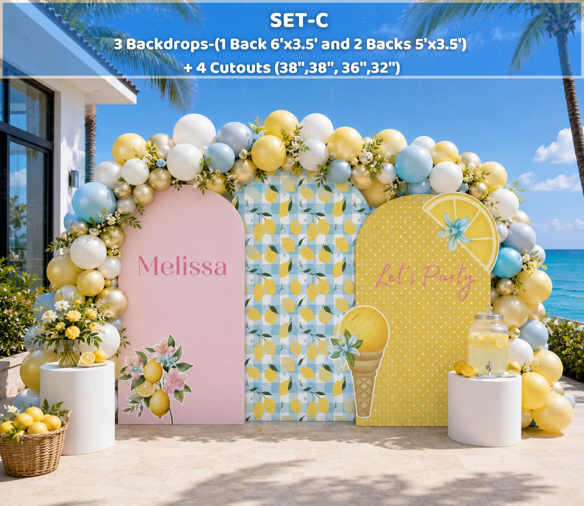 Pink yellow and green lemon backdrop set with floral accents for summer party decor
