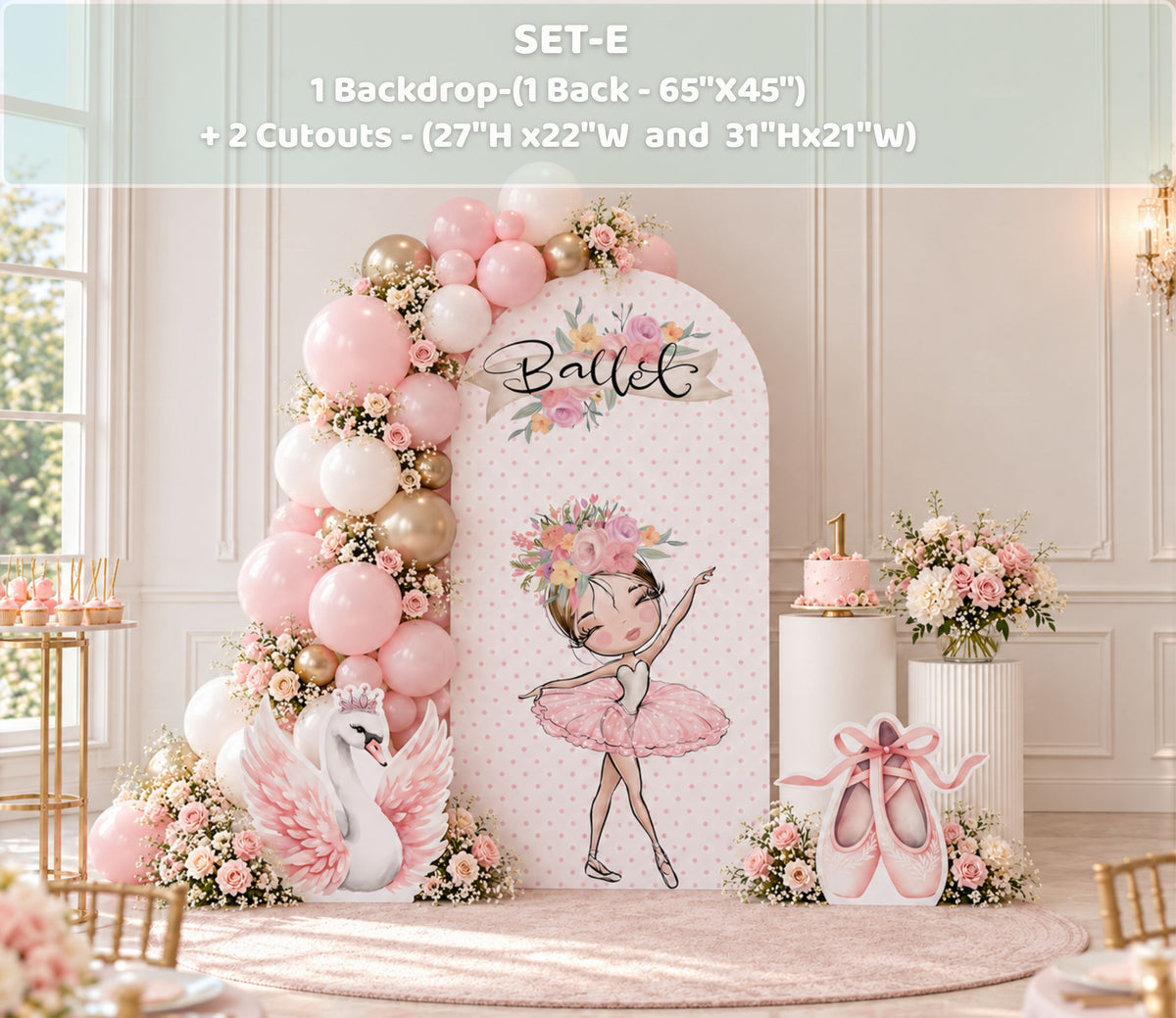 Pastel ballerina birthday backdrop with blush arches, delicate flowers and elegant dance themed decorations.