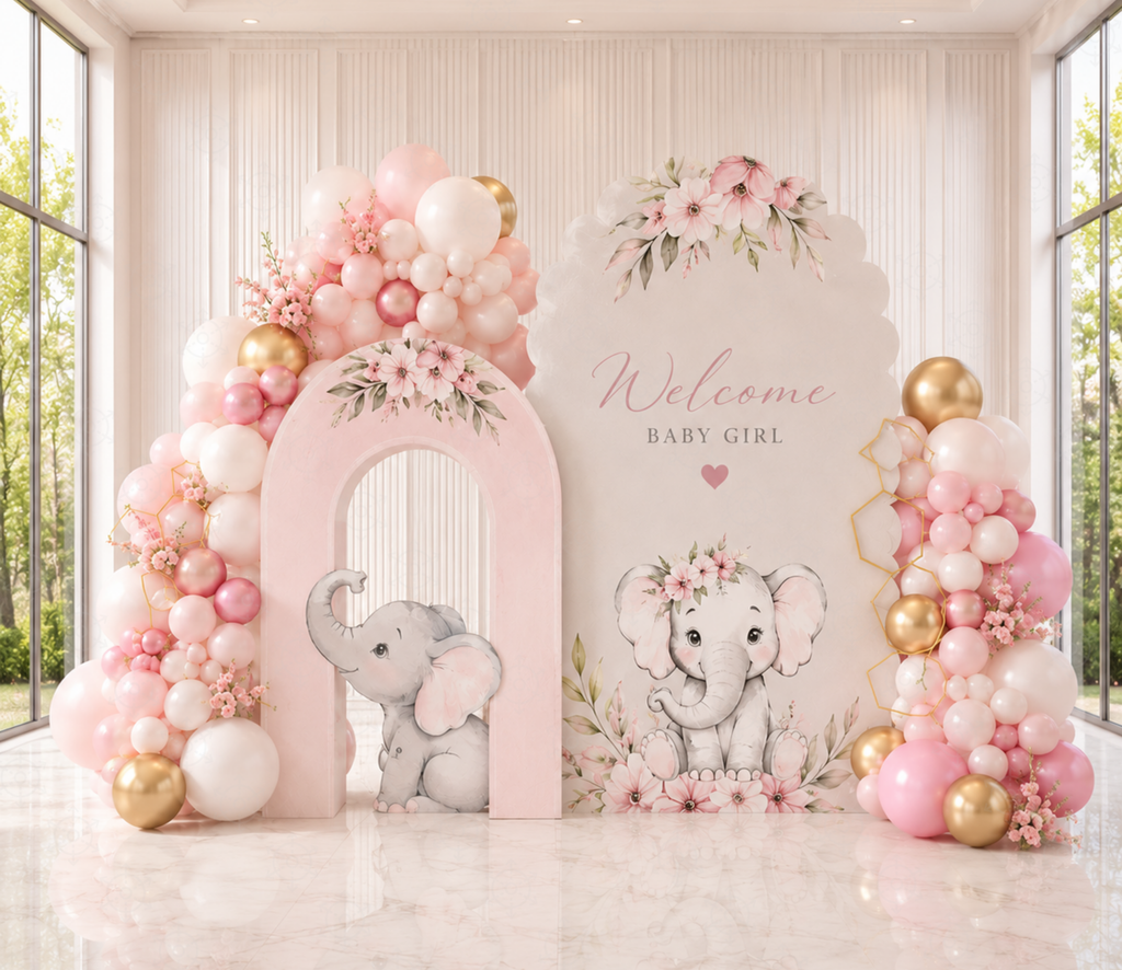Personalized blush pink baby elephant backdrop set with floral accents for a baptism, christening or baby shower.