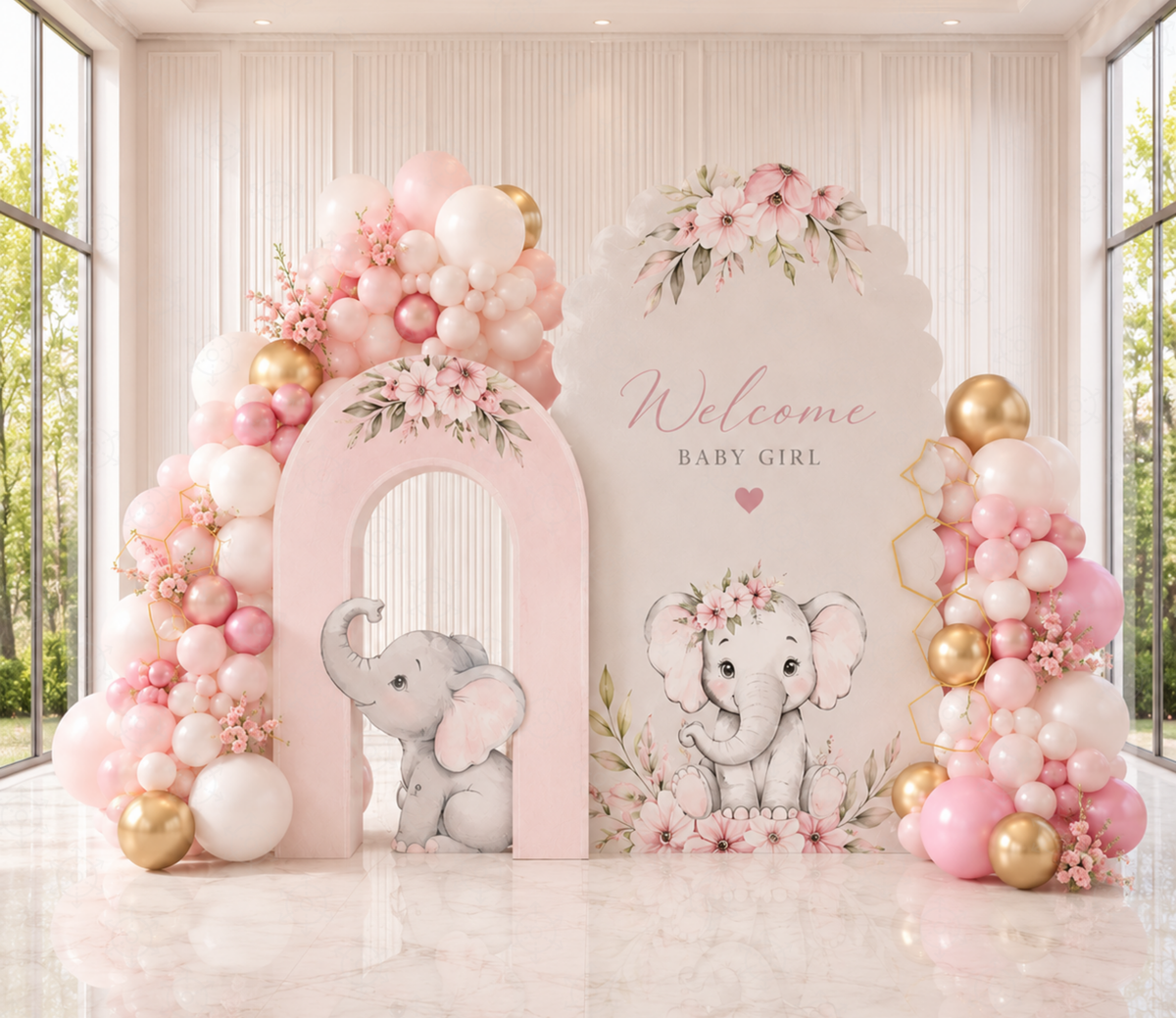 Personalized blush pink baby elephant backdrop set with floral accents for a baptism, christening or baby shower.