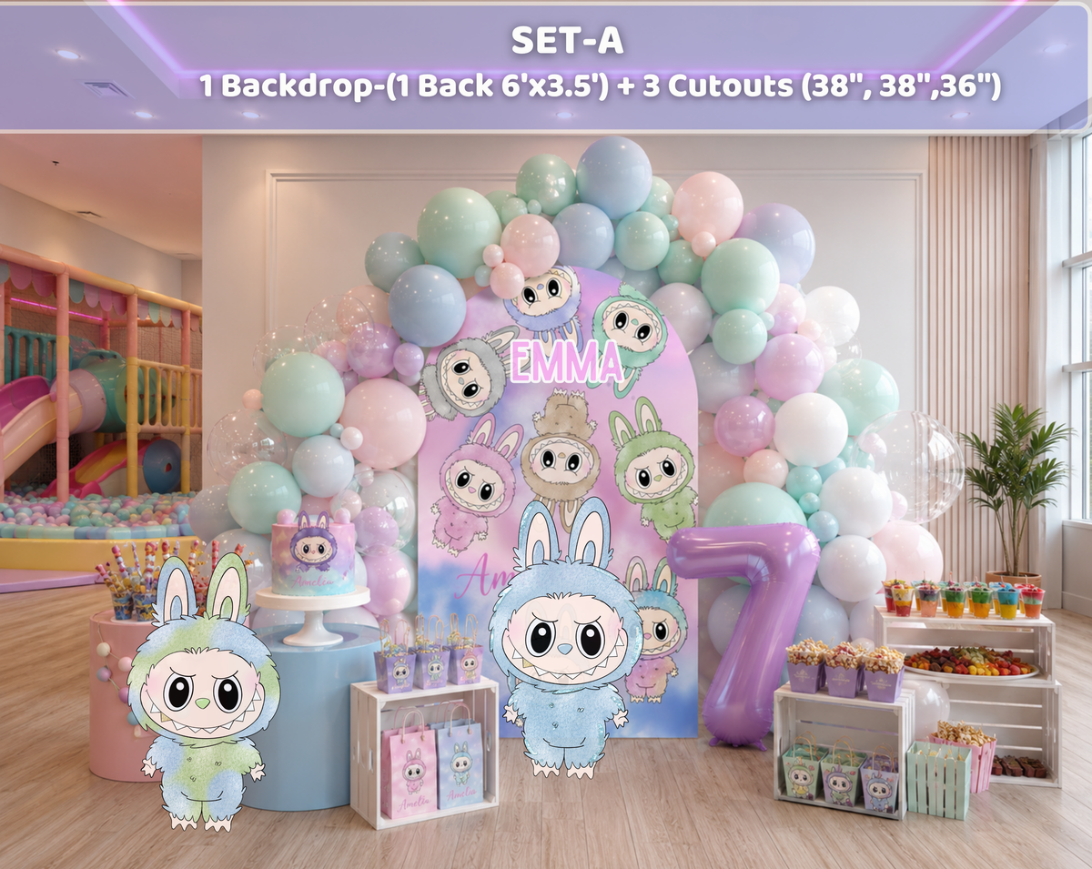 Kawaii pastel birthday backdrop with cute monster characters, balloon clusters and soft colored pedestal stands for a kids celebration.