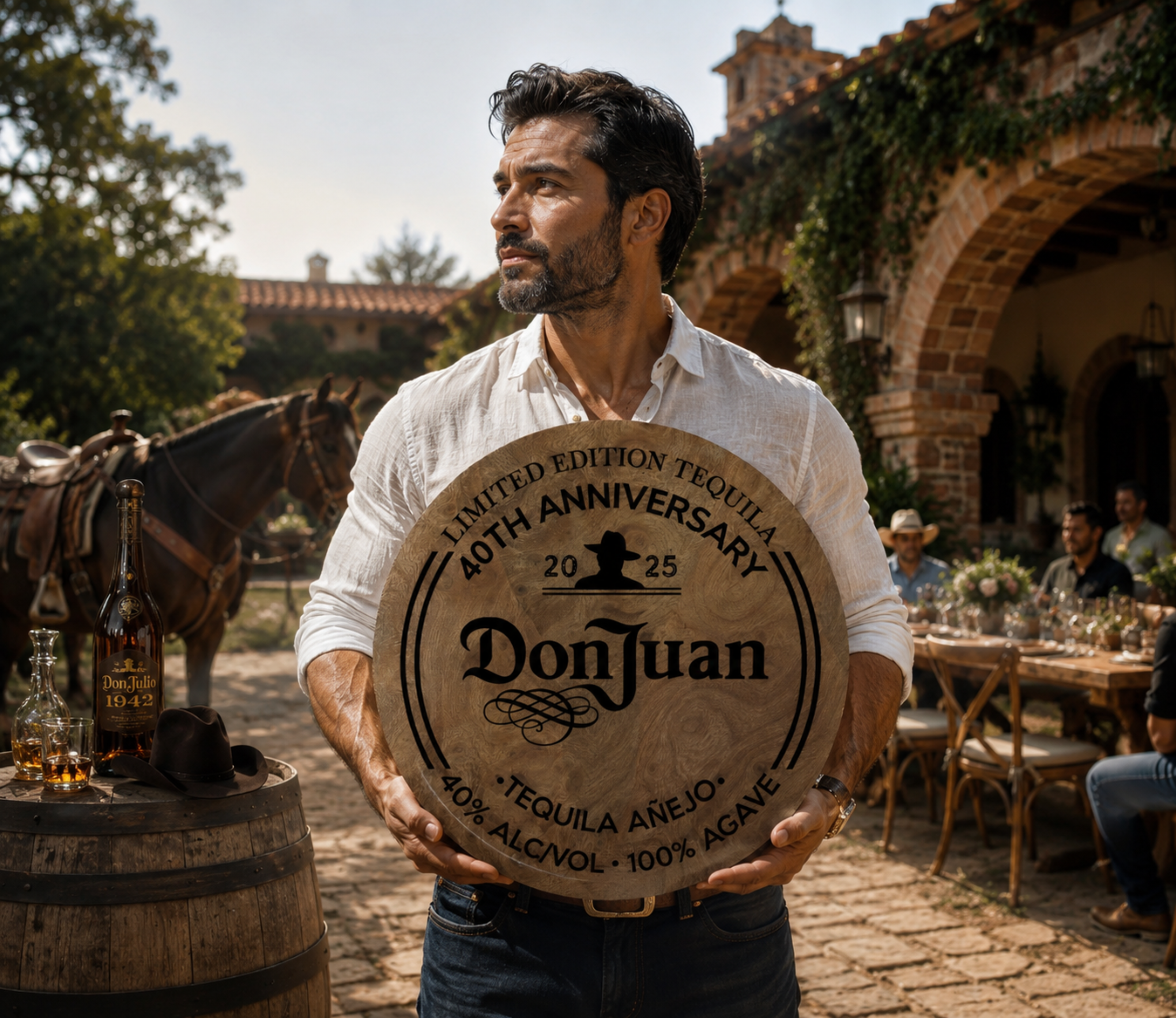 Personalized round tequila birthday sign with natural wood tones, custom name and agave details for a rustic adult party.