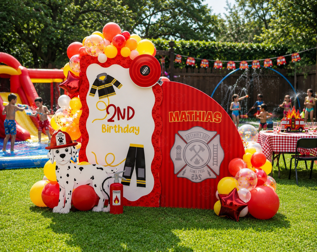 White arched firefighter birthday panel with a red balloon garland, fire station details and themed party setup indoors.
