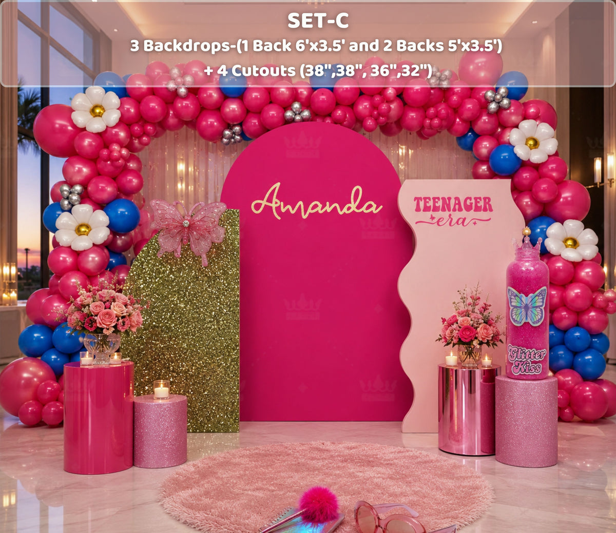 Hot pink teen birthday backdrop with red and pink balloon garland, personalized name and bold girls party decor.