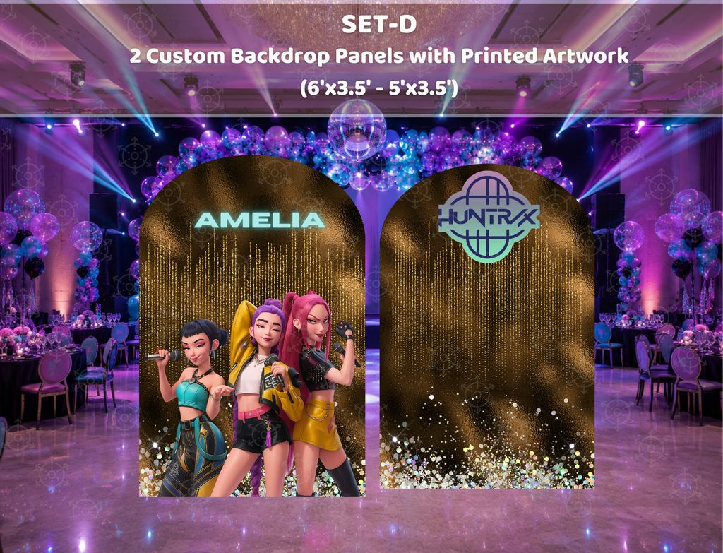 Dark purple concert birthday backdrop with dramatic stage entrance design, neon accents and teen idol standee cutouts.