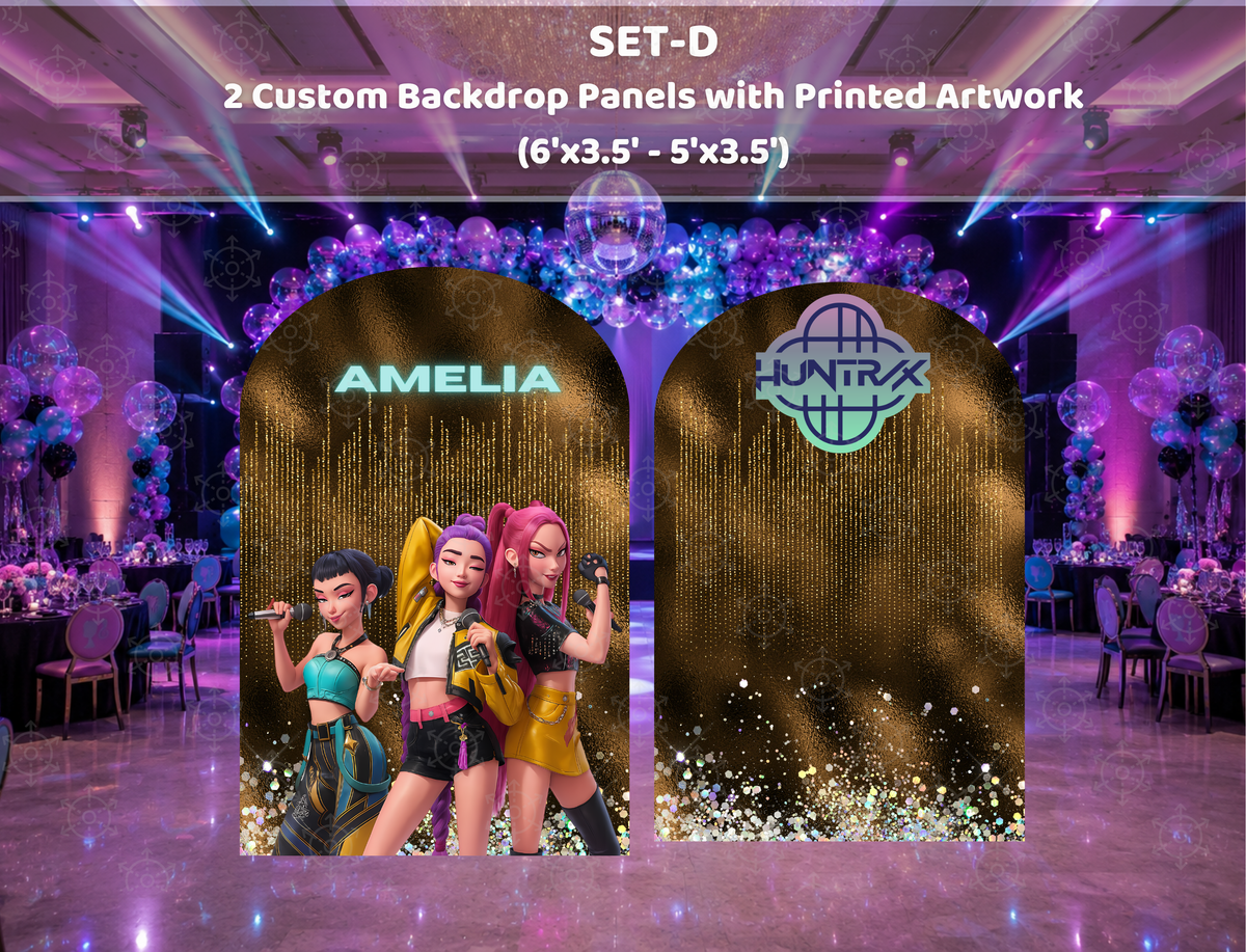 Dark purple concert birthday backdrop with dramatic stage entrance design, neon accents and teen idol standee cutouts.
