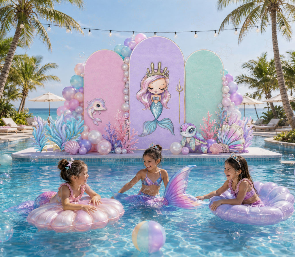 Pastel mermaid birthday party backdrop with ocean princess cutouts and underwater themed decorations