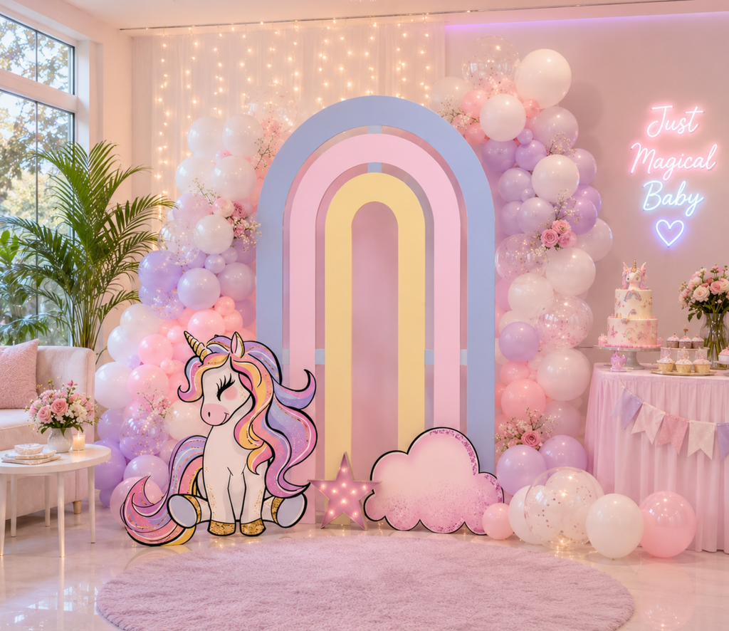 Pink pastel unicorn birthday backdrop with large rainbow arch, floral accents and whimsical party decorations.