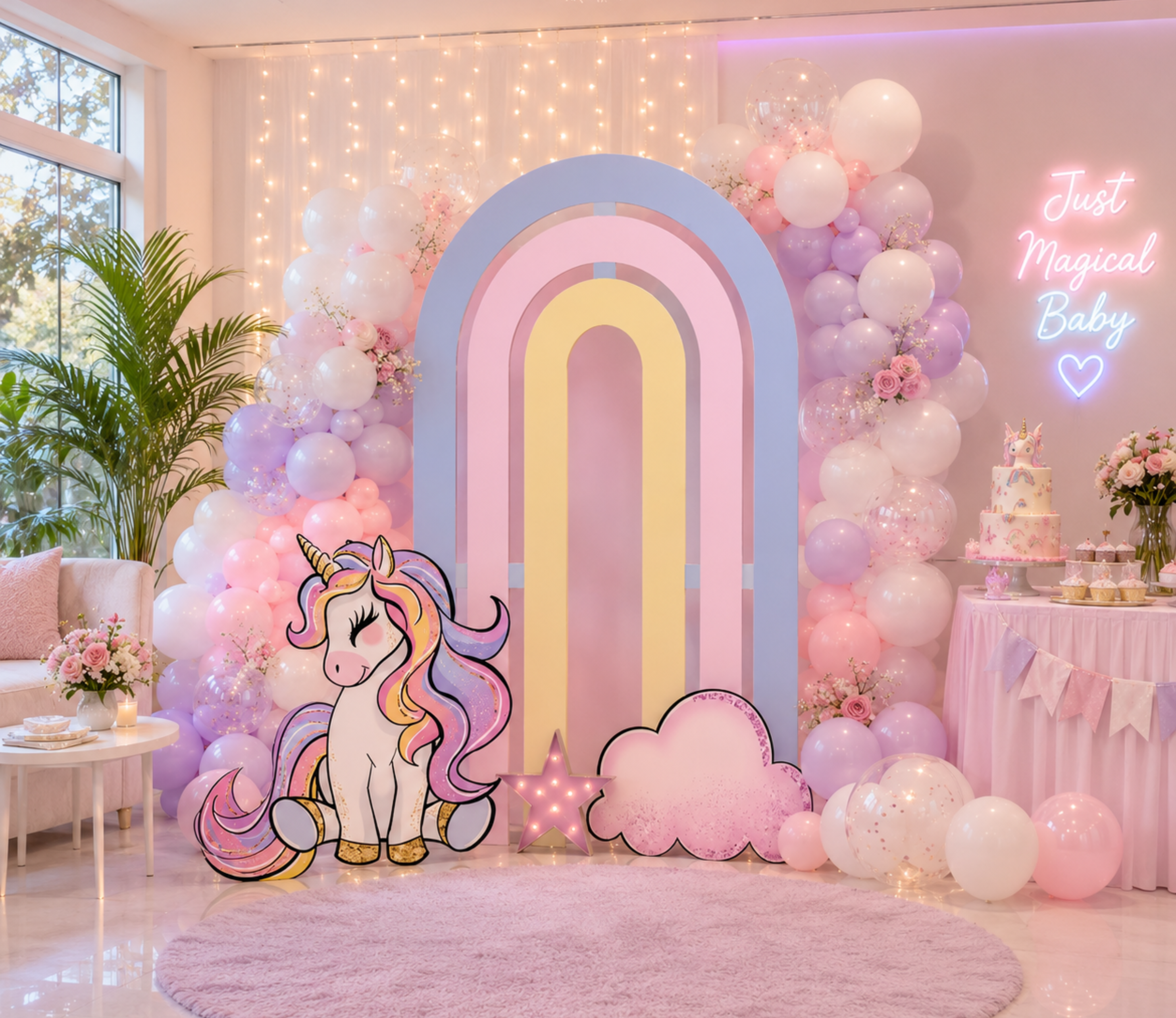 Pink pastel unicorn birthday backdrop with large rainbow arch, floral accents and whimsical party decorations.